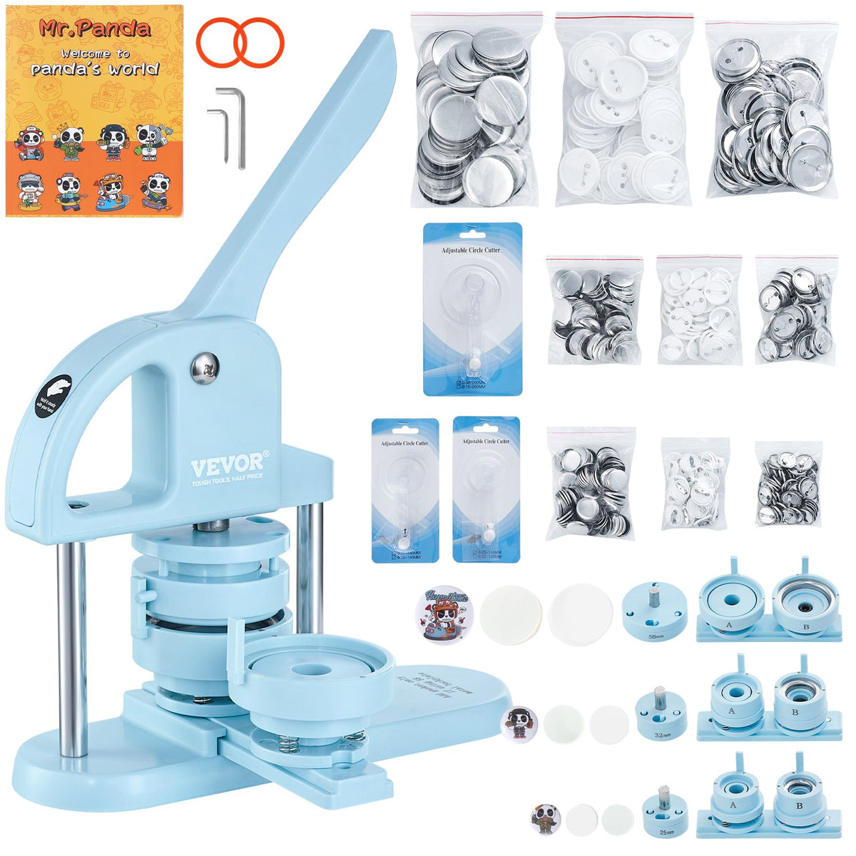 3-in-1 Button Maker Machine 25/32/58mm w/ 300pcs Parts & Arc Handle Press Kit