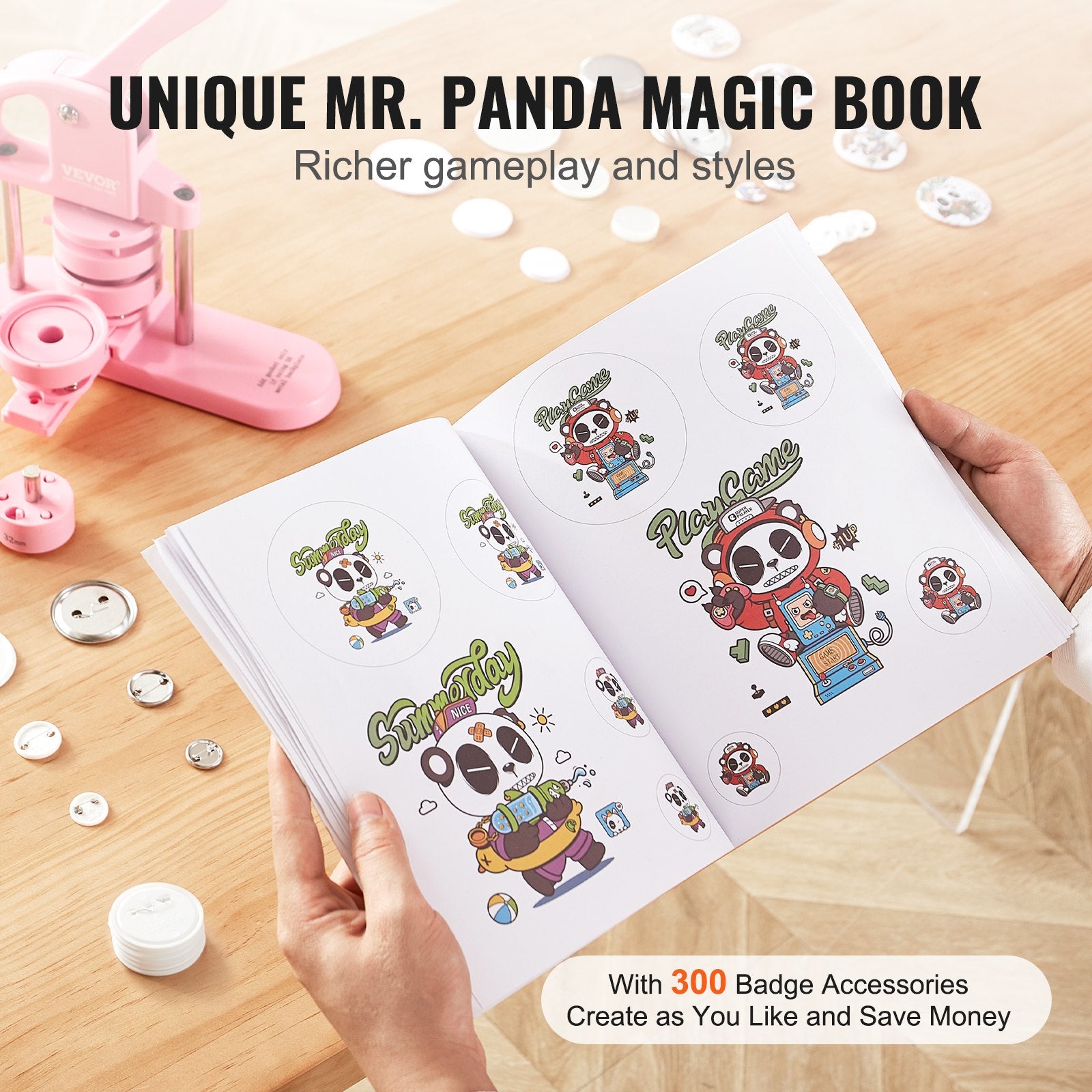 Button Maker 3-IN-1 1/1.25/2.28" Pin Maker Press Kit 300 Parts with Magic Book