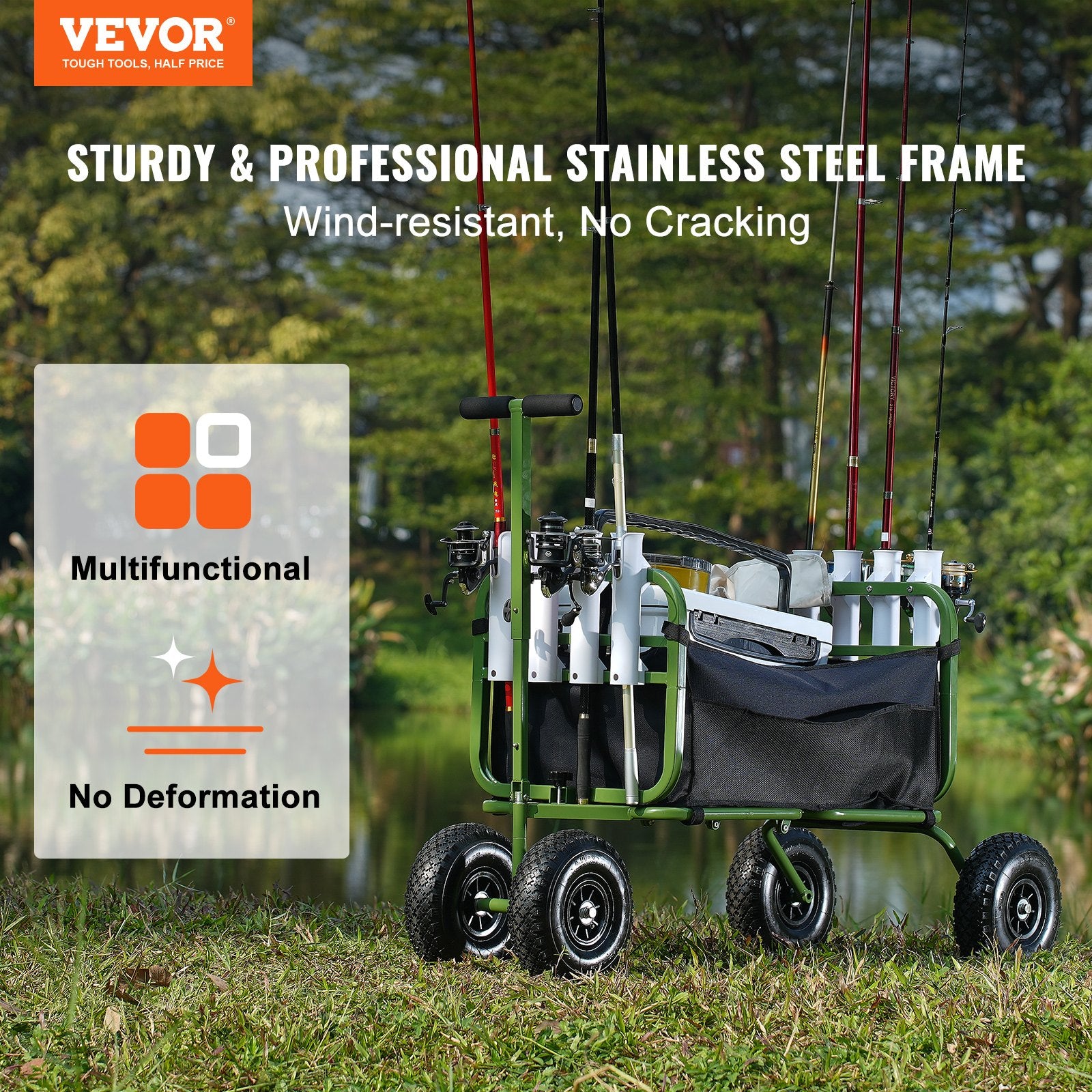 Beach Fishing Cart 136kg Foldable Steel Wagon with 280mm Rubber Wheels 8 Rod Holders