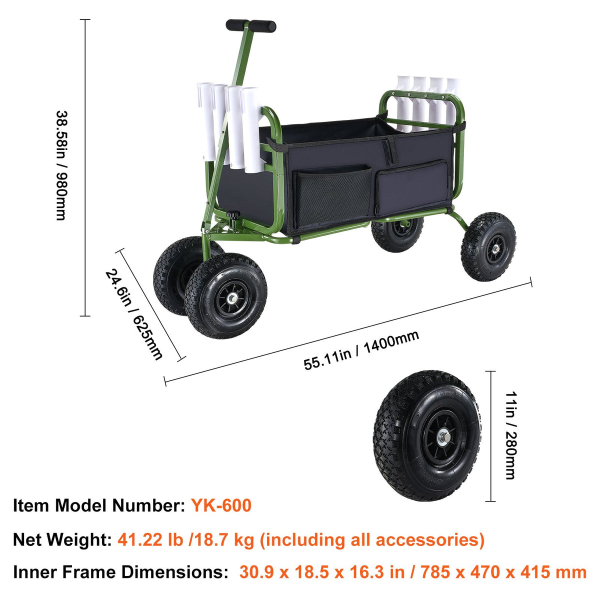Beach Fishing Cart 136kg Foldable Steel Wagon with 280mm Rubber Wheels 8 Rod Holders