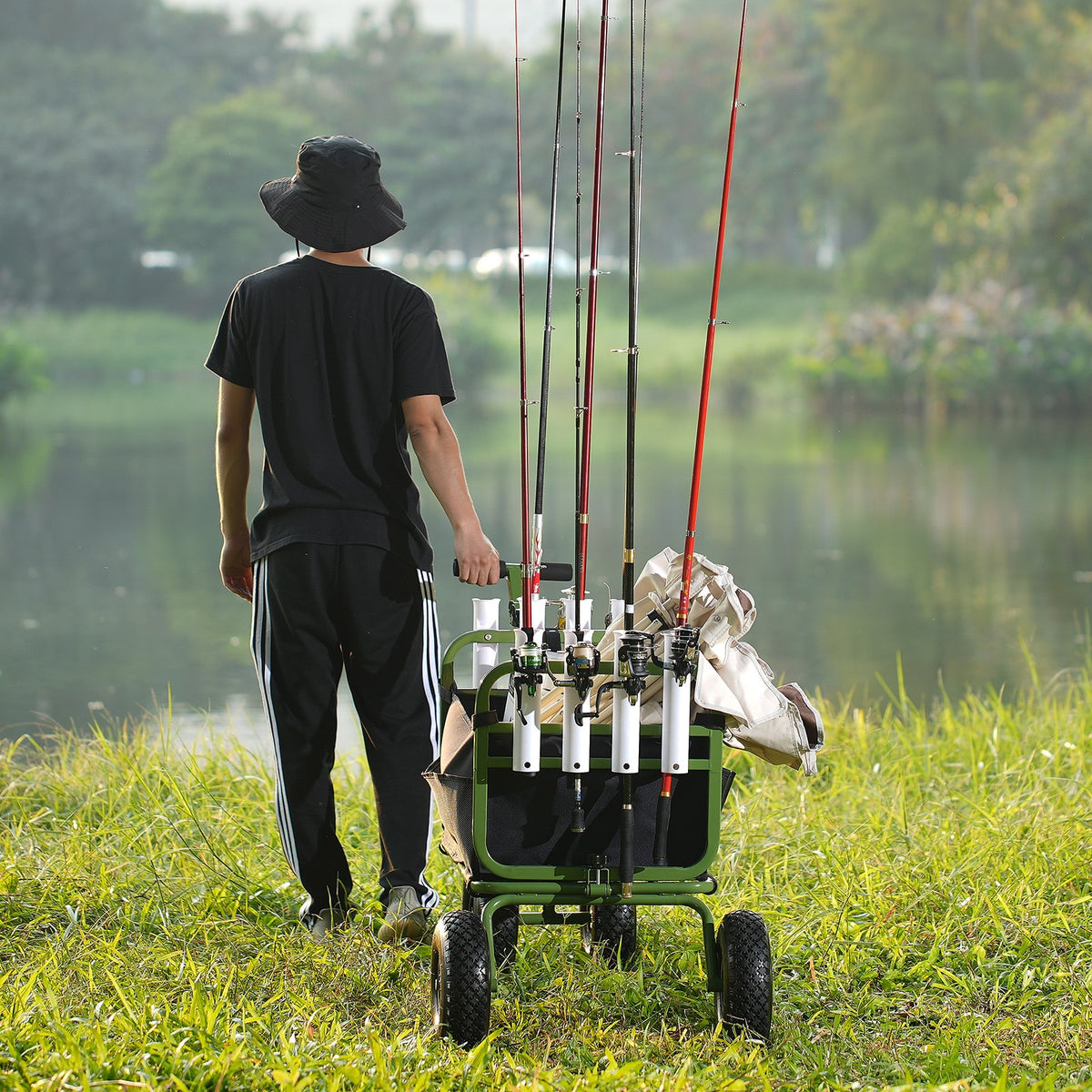 Beach Fishing Cart 136kg Foldable Steel Wagon with 280mm Rubber Wheels 8 Rod Holders