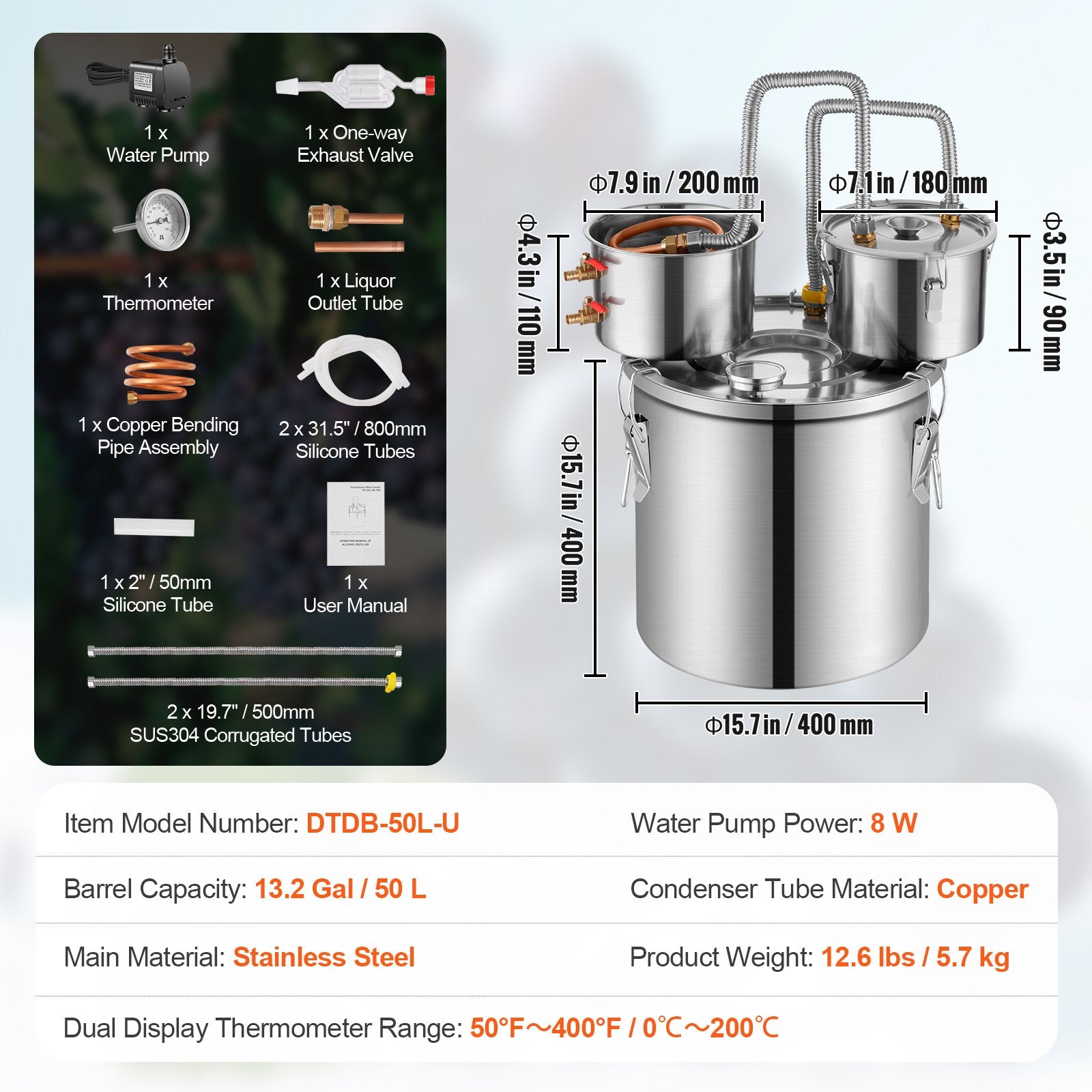 Alcohol Still 13.2Gal/50L Stainless Steel Distiller Copper Coil Dual Condenser