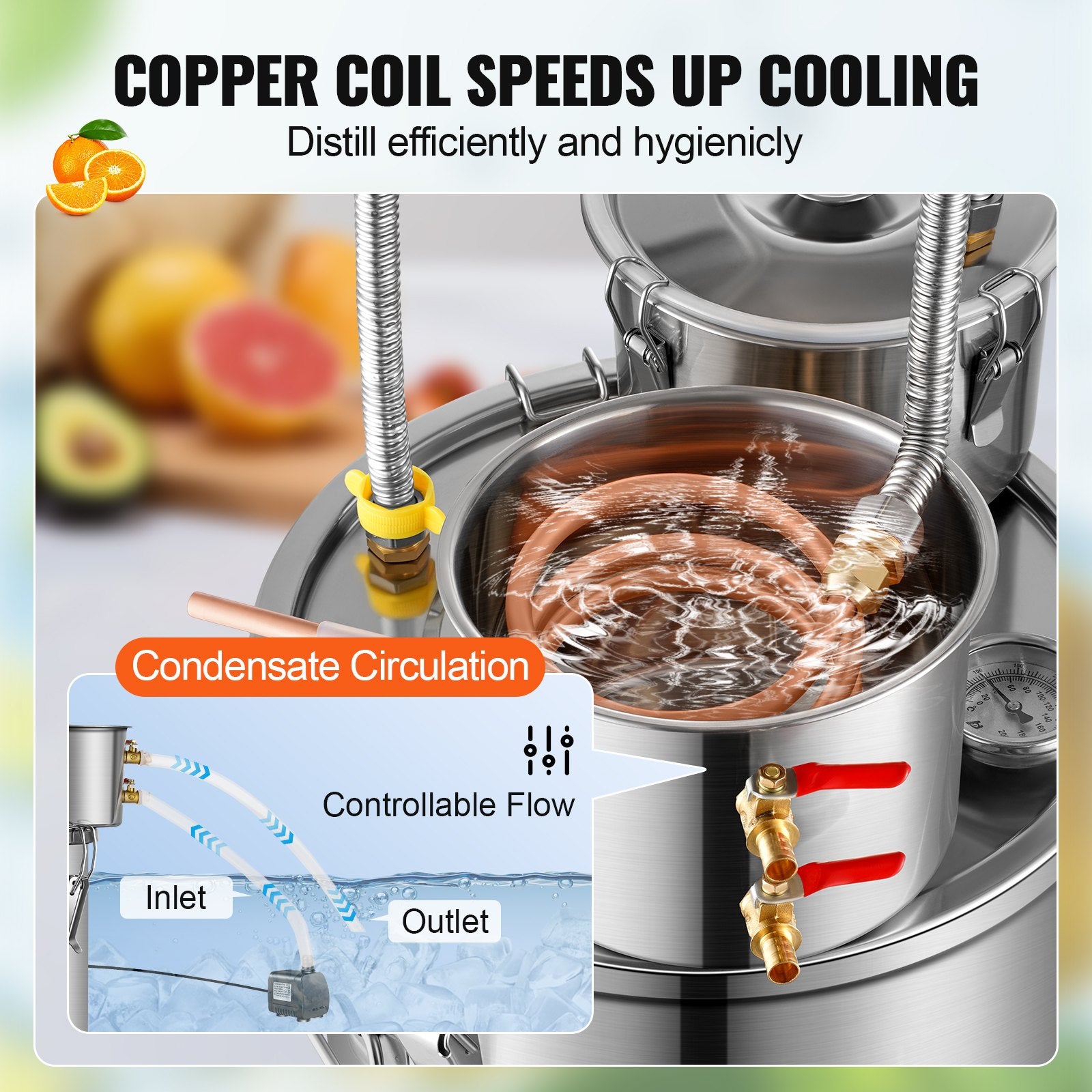 Alcohol Still 3Gal/11.4L Stainless Steel Distiller Copper Coil Dual Condenser
