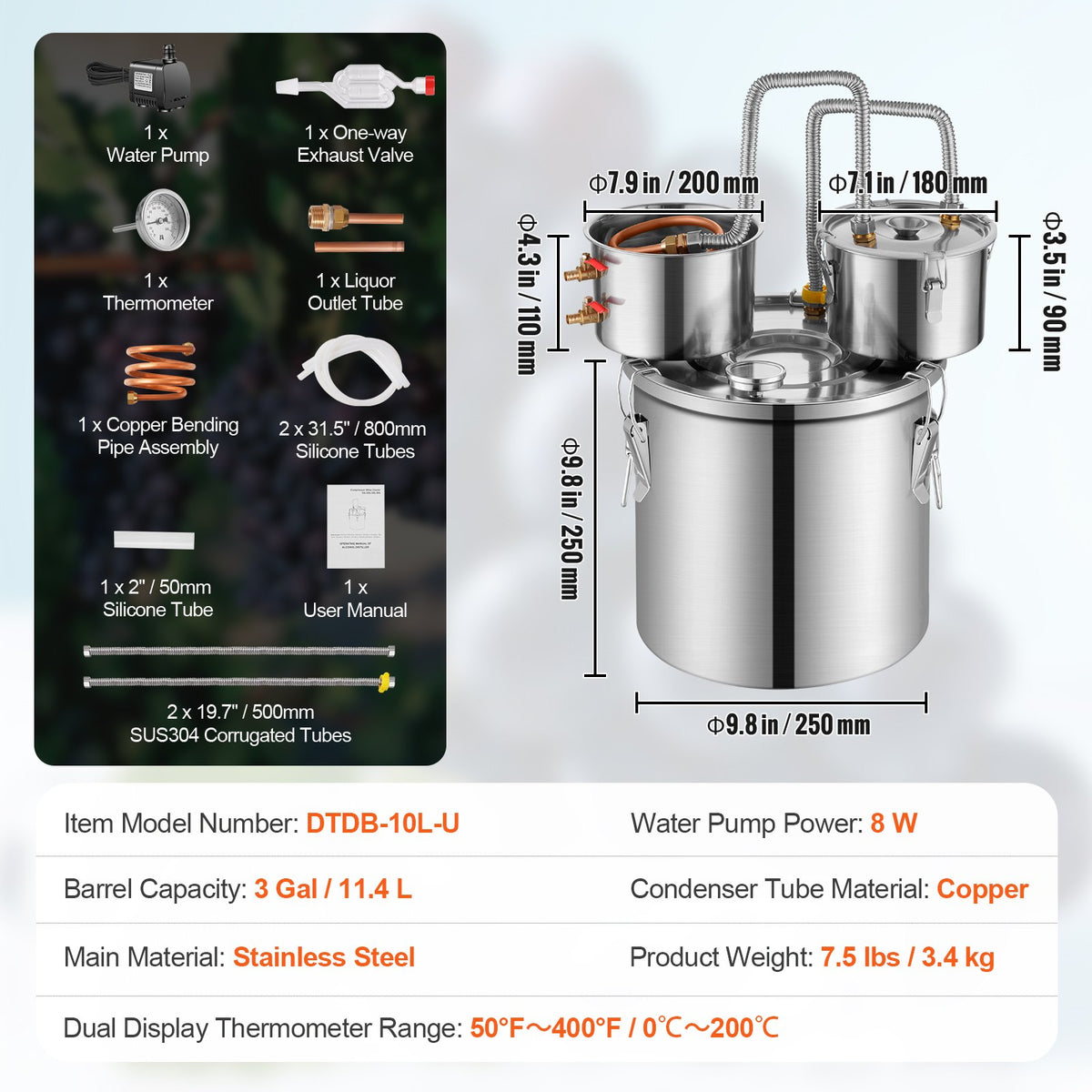 Alcohol Still 3Gal/11.4L Stainless Steel Distiller Copper Coil Dual Condenser