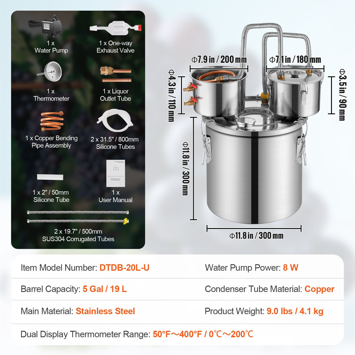 Alcohol Still 5Gal/19L Stainless Steel Distiller Copper Coil Dual Condenser