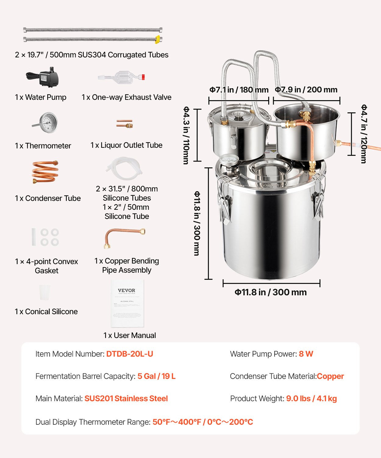 Alcohol Still Distiller 5Gal/19L Stainless Steel Copper Coil Dual Condenser