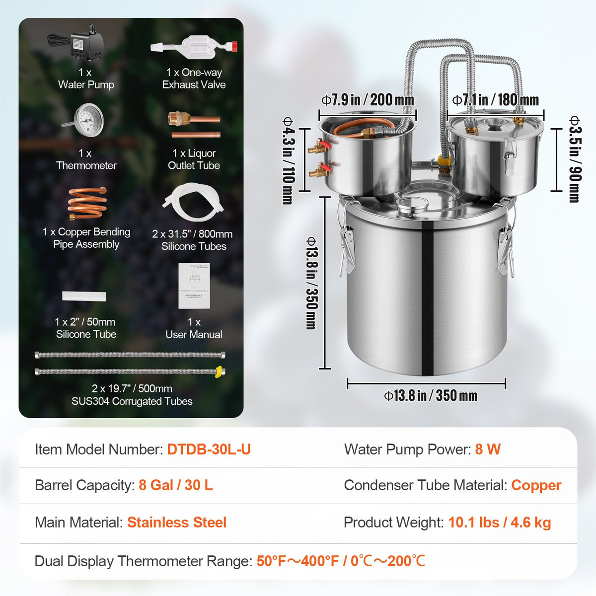 Alcohol Still 8Gal/30L Stainless Steel Distiller Copper Coil Dual Condenser
