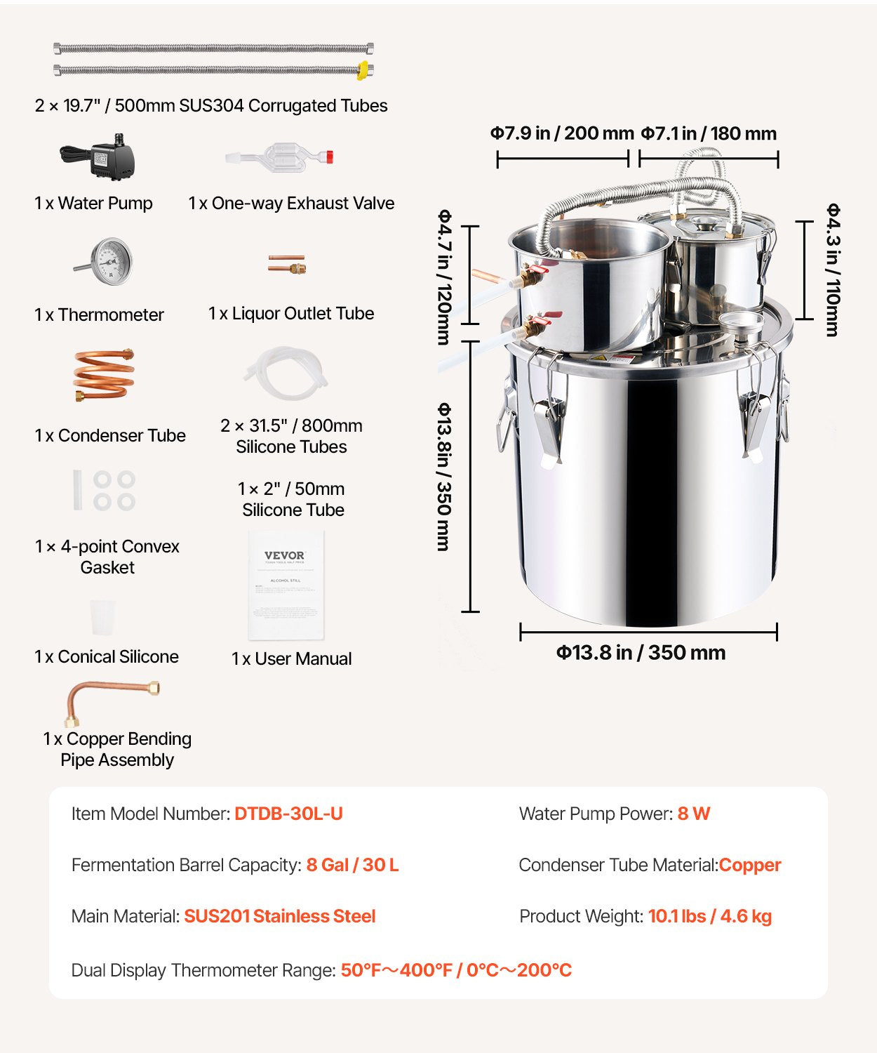 Alcohol Still Distiller 8Gal/30L Stainless Steel Copper Coil Dual Condenser