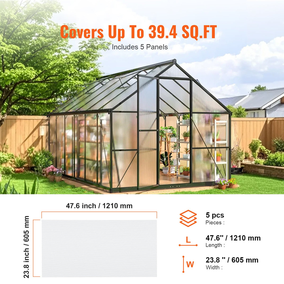 Polycarbonate Greenhouse Panels 5Pack 2x4ft 0.32in UV Protected Corrugated Clear