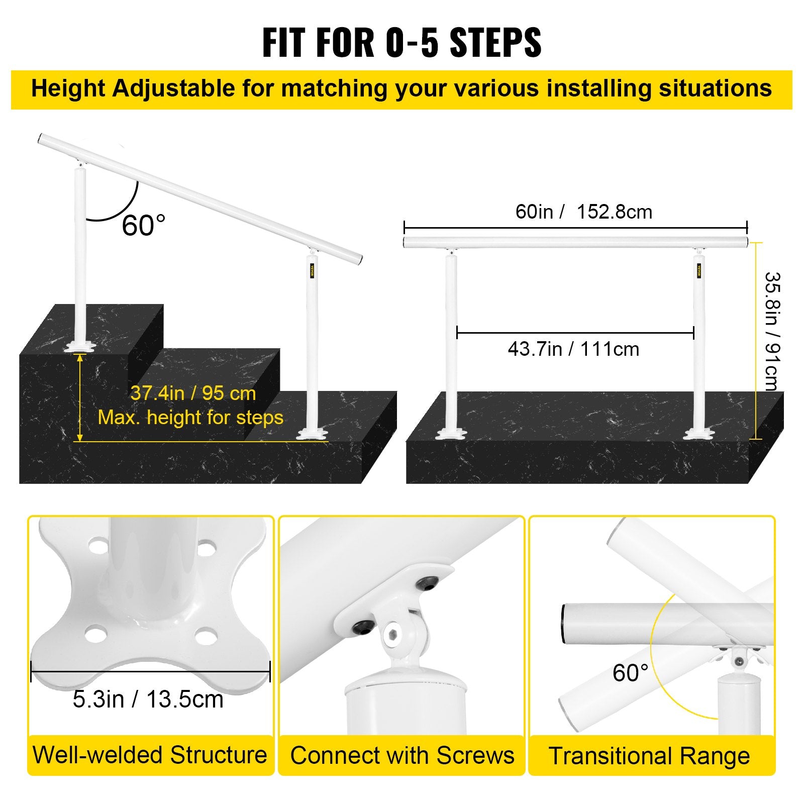 Outdoor Stair Railing Kit 5 FT Adjustable Aluminum Handrail 0-5 Steps White