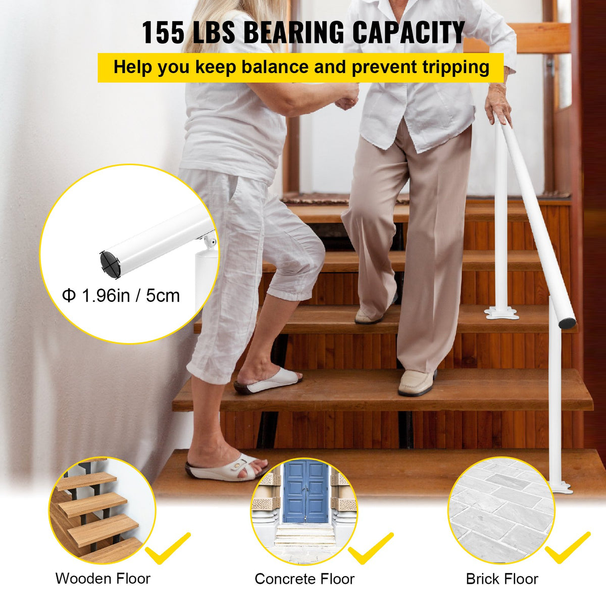 Outdoor Stair Railing Kit 5 FT Adjustable Aluminum Handrail 0-5 Steps White