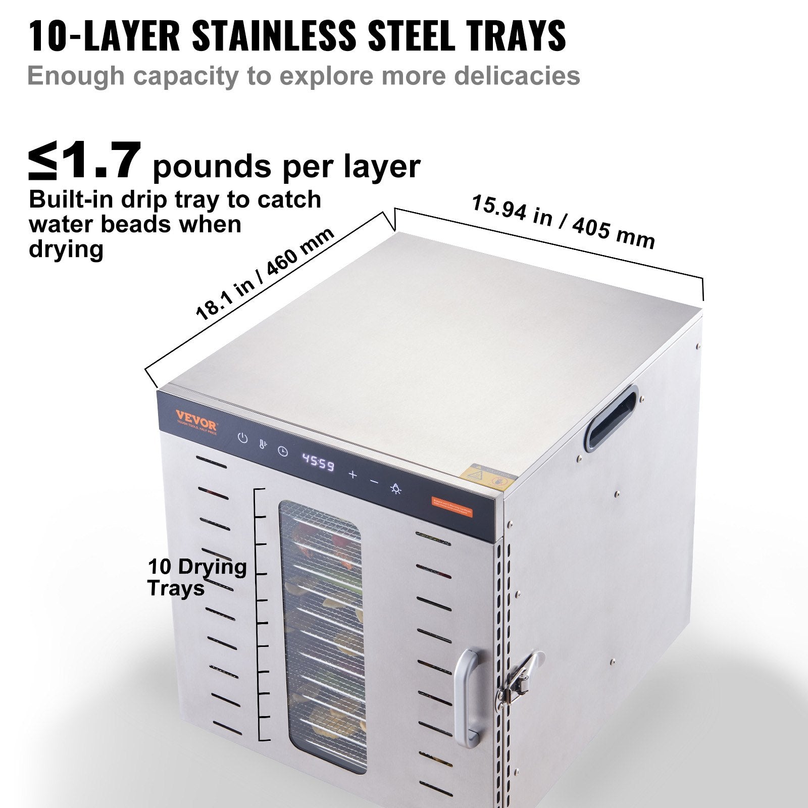 Food Dehydrator Machine 1000W, 10 Stainless Steel Trays, Digital Timer & Temp