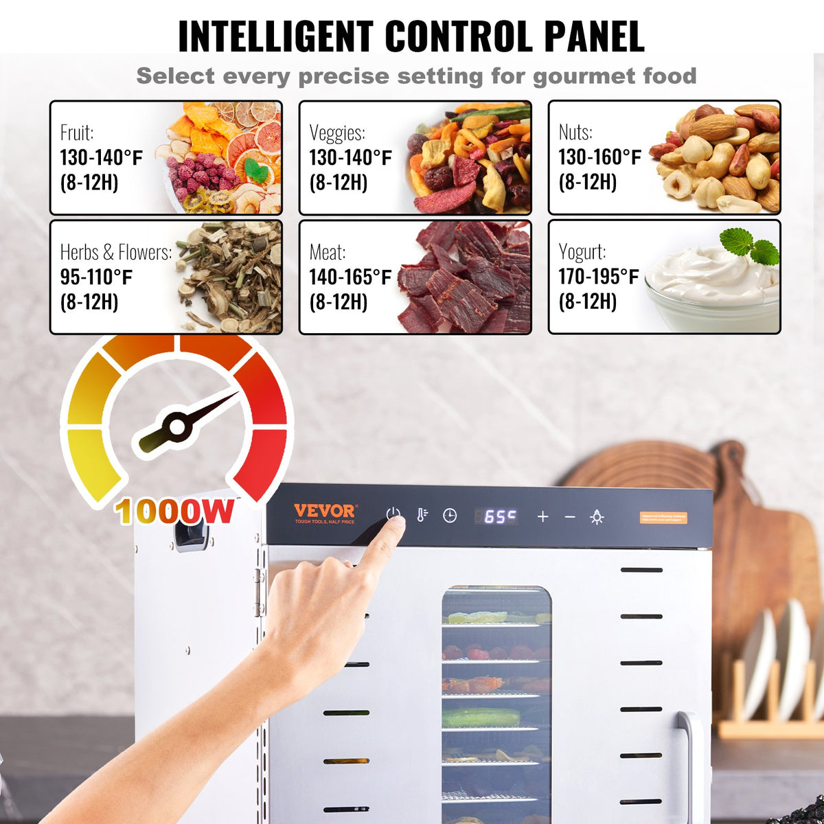 Food Dehydrator Machine 1000W, 10 Stainless Steel Trays, Digital Timer & Temp