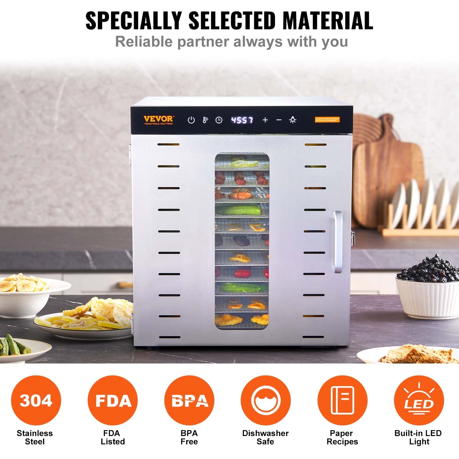 Food Dehydrator Machine 1000W, 10 Stainless Steel Trays, Digital Timer & Temp