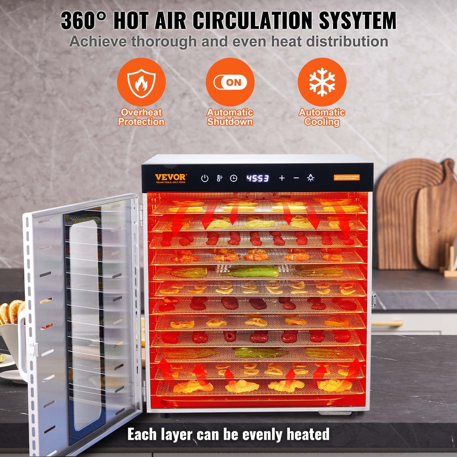 Food Dehydrator Machine 1000W, 10 Stainless Steel Trays, Digital Timer & Temp