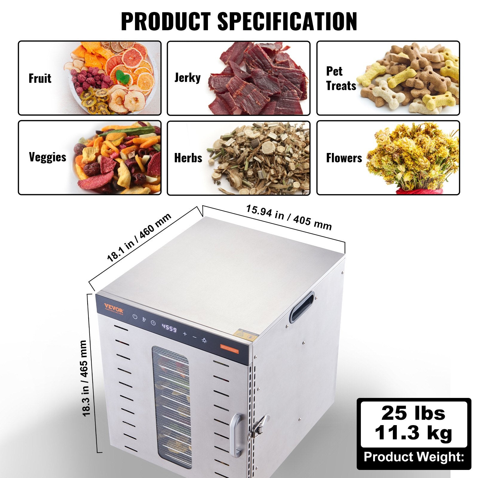 Food Dehydrator Machine 1000W, 10 Stainless Steel Trays, Digital Timer & Temp