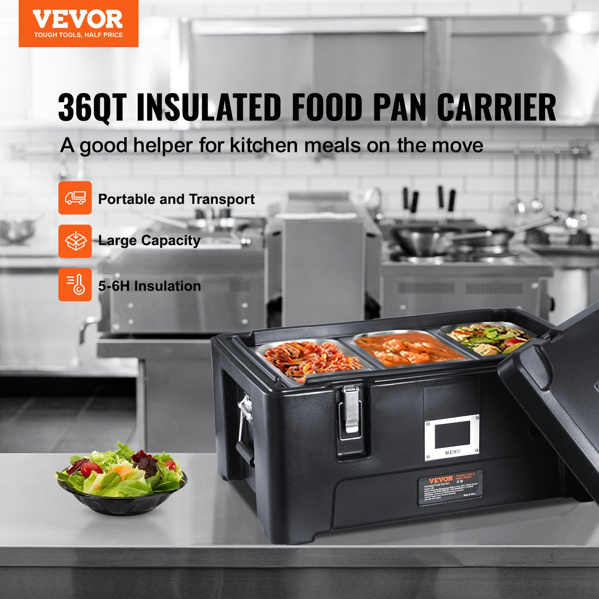 Insulated Food Pan Carrier 36Qt Stackable 3 Stainless Pans Catering Black