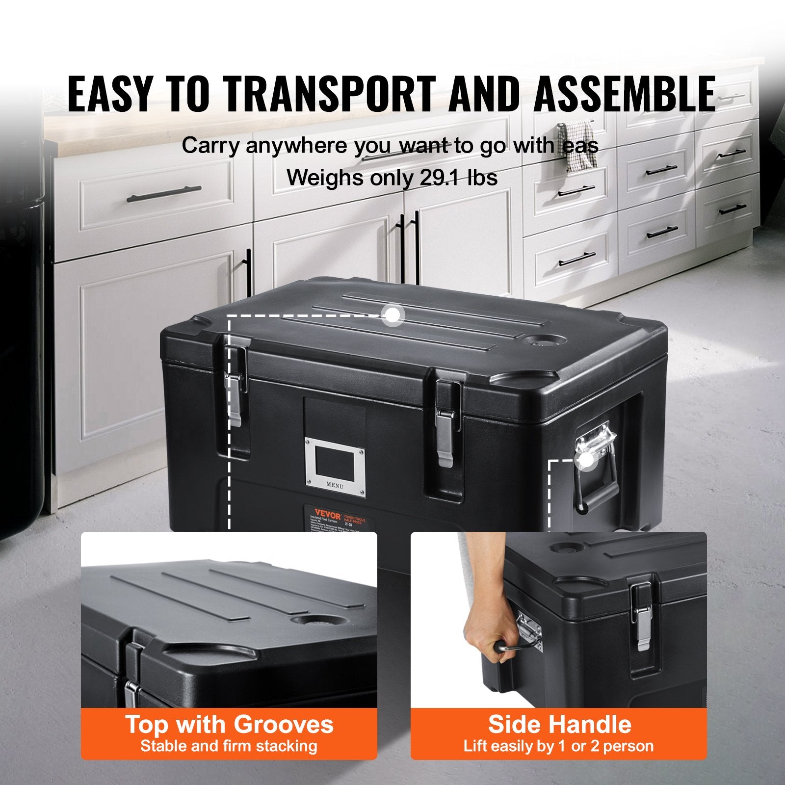 Insulated Food Pan Carrier 36Qt Stackable 3 Stainless Pans Catering Black