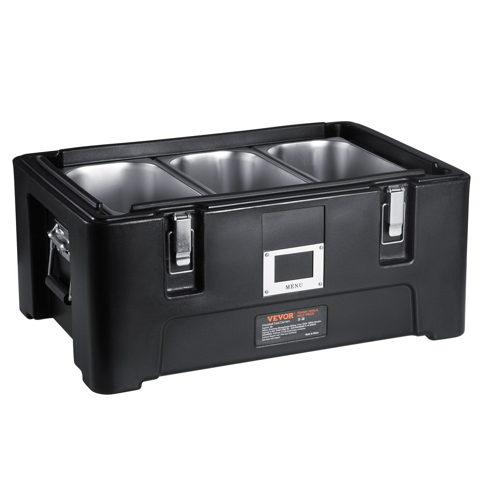 Insulated Food Pan Carrier 36Qt Stackable 3 Stainless Pans Catering Black