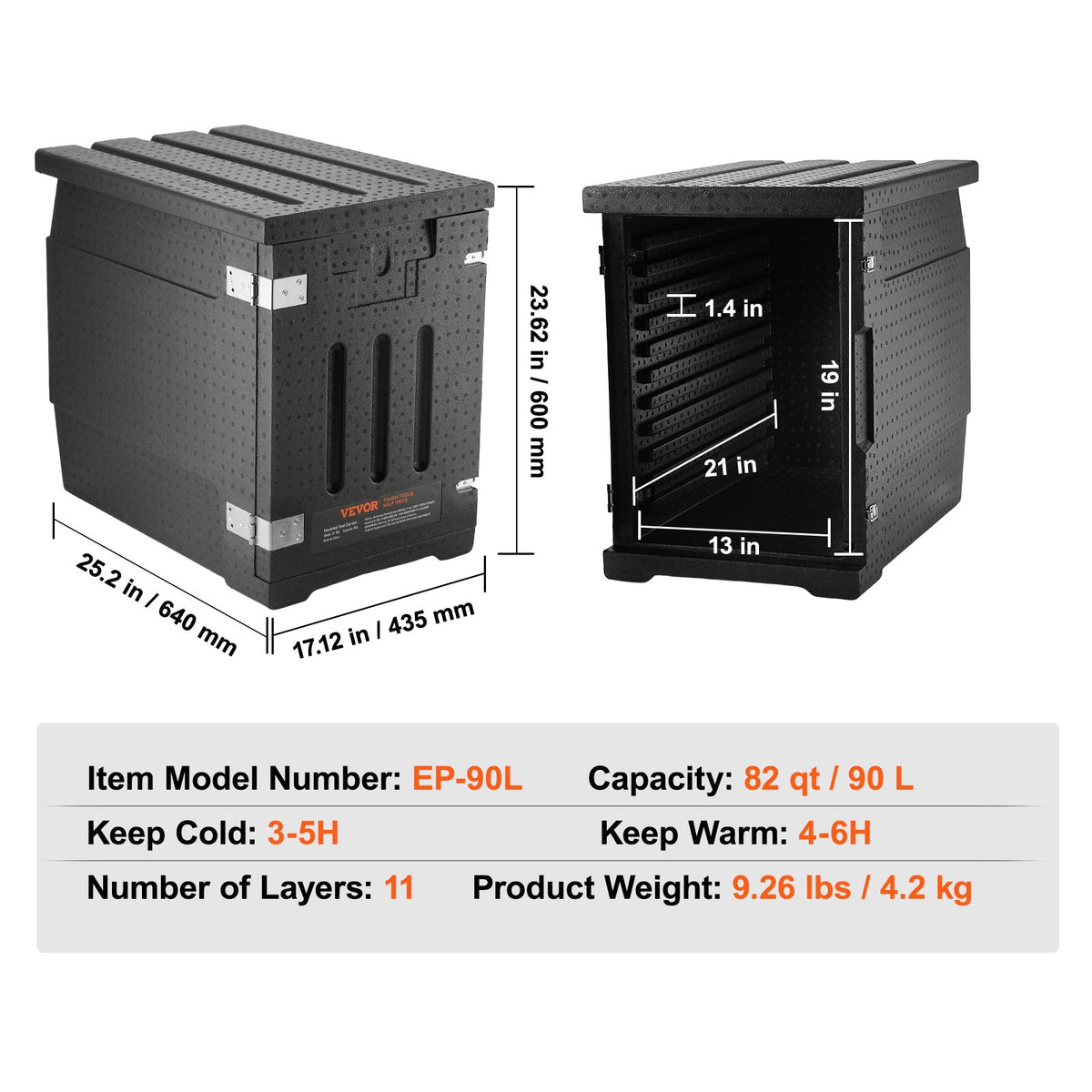 Food Pan Carrier Insulated LLDPE Hot Box with Double Buckles Front Loading 90L