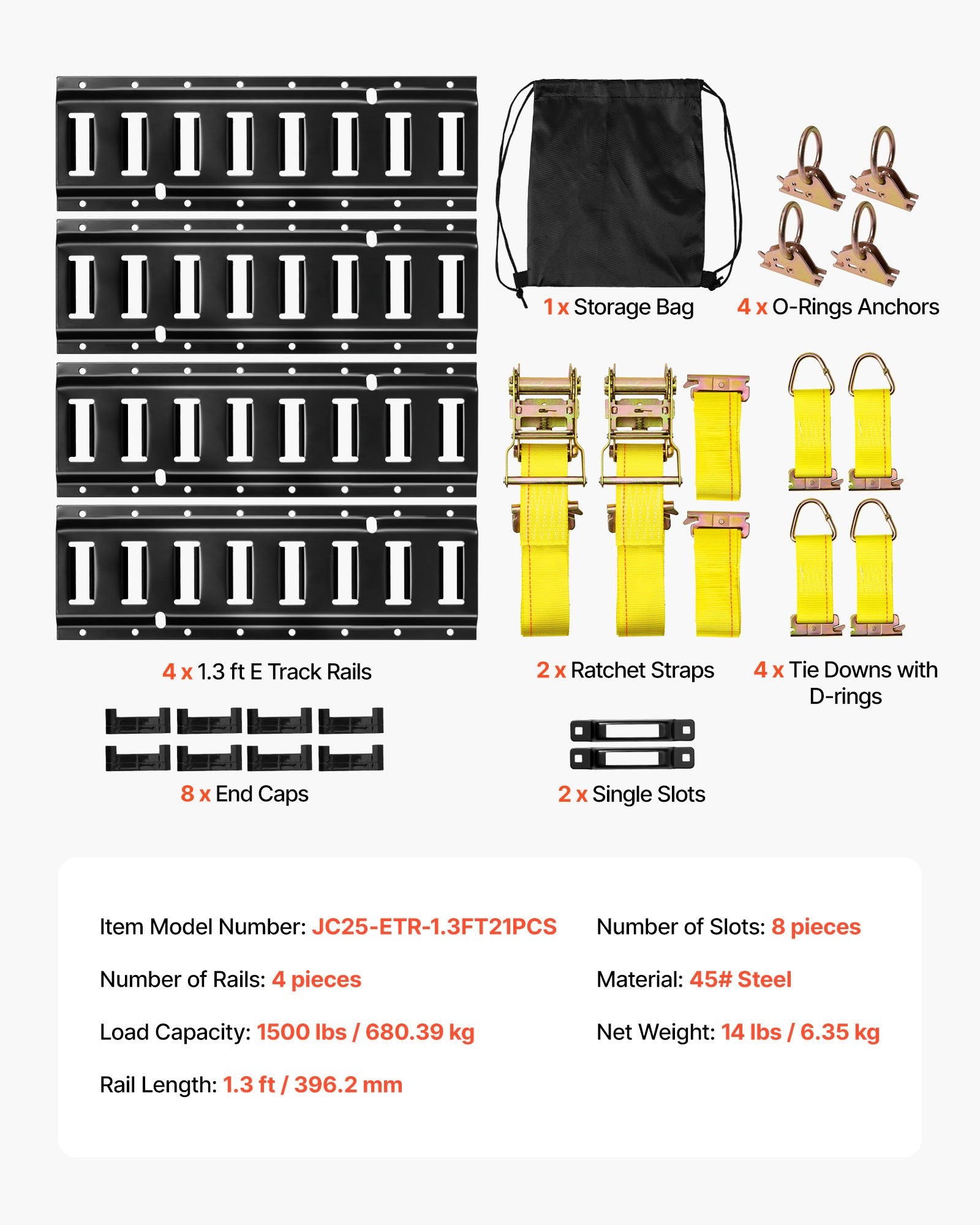 E-Track Tie-Down Rail Kit 4Pack 0.4m 21Pcs with Ratchet Straps for Vans Trailers