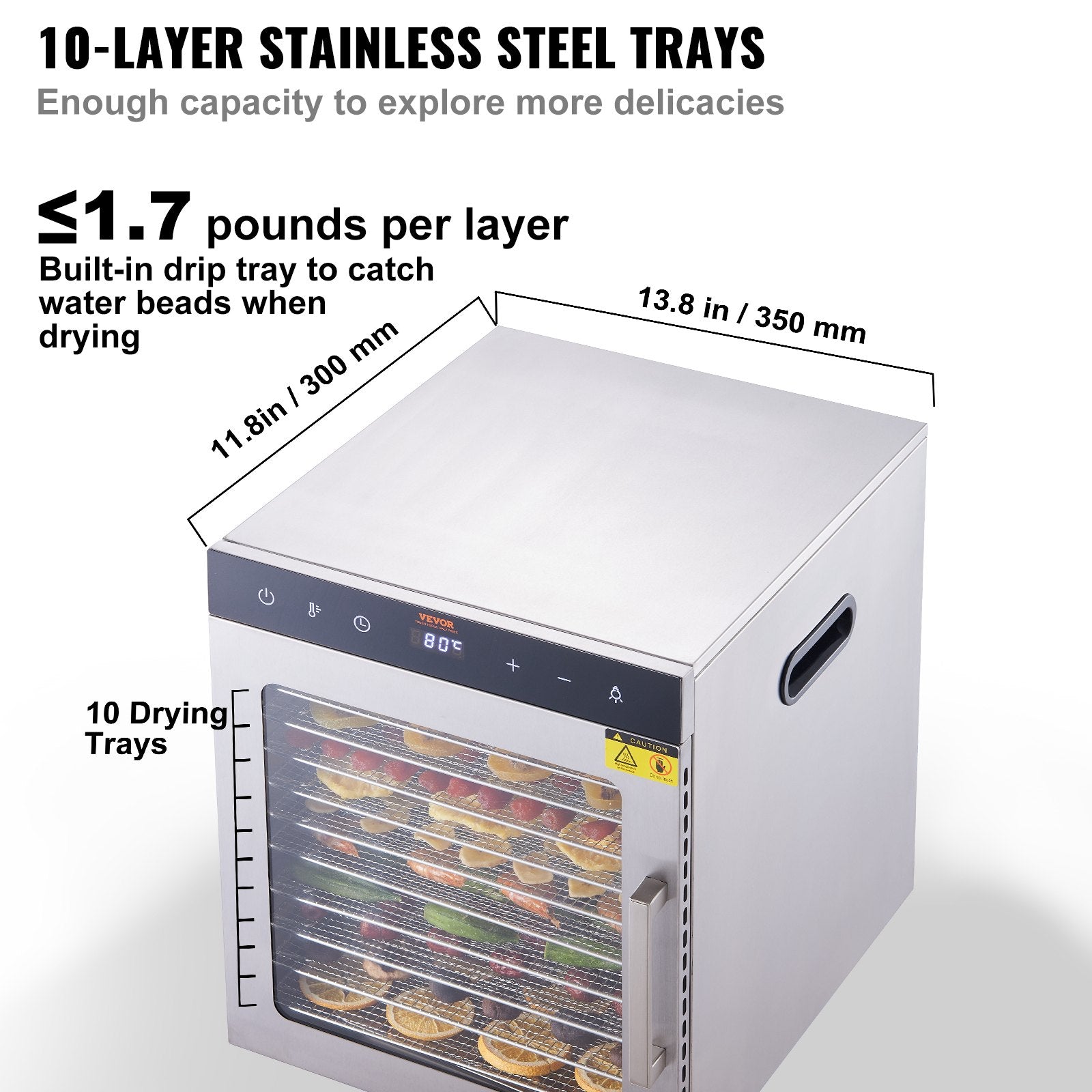 Food Dehydrator Machine 800W, 10 Stainless Steel Trays, Digital Timer & Temp