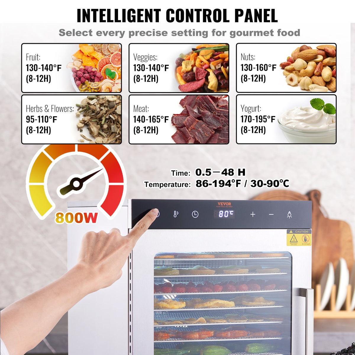 Food Dehydrator Machine 800W, 10 Stainless Steel Trays, Digital Timer & Temp