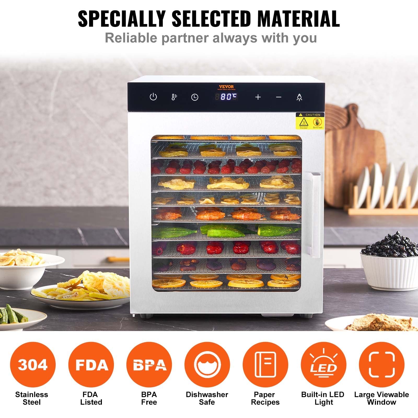 Food Dehydrator Machine 800W, 10 Stainless Steel Trays, Digital Timer & Temp