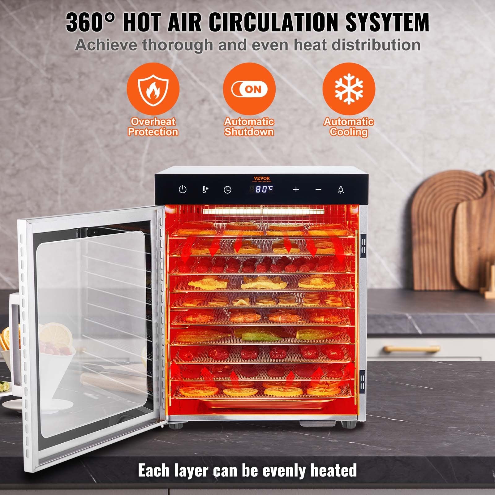 Food Dehydrator Machine 800W, 10 Stainless Steel Trays, Digital Timer & Temp