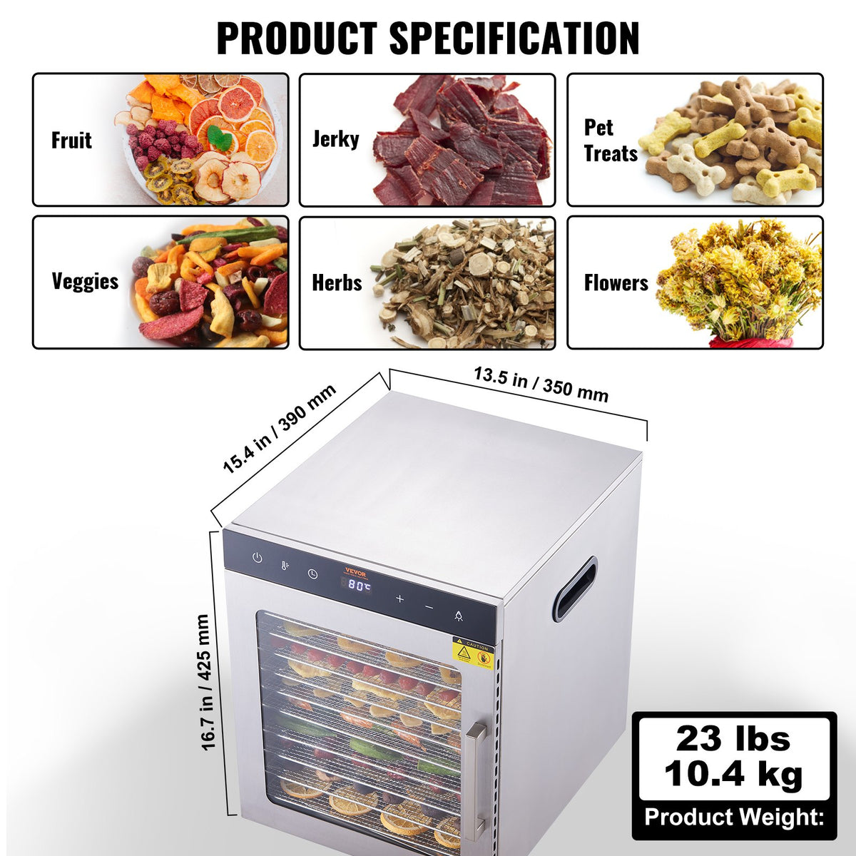 Food Dehydrator Machine 800W, 10 Stainless Steel Trays, Digital Timer & Temp