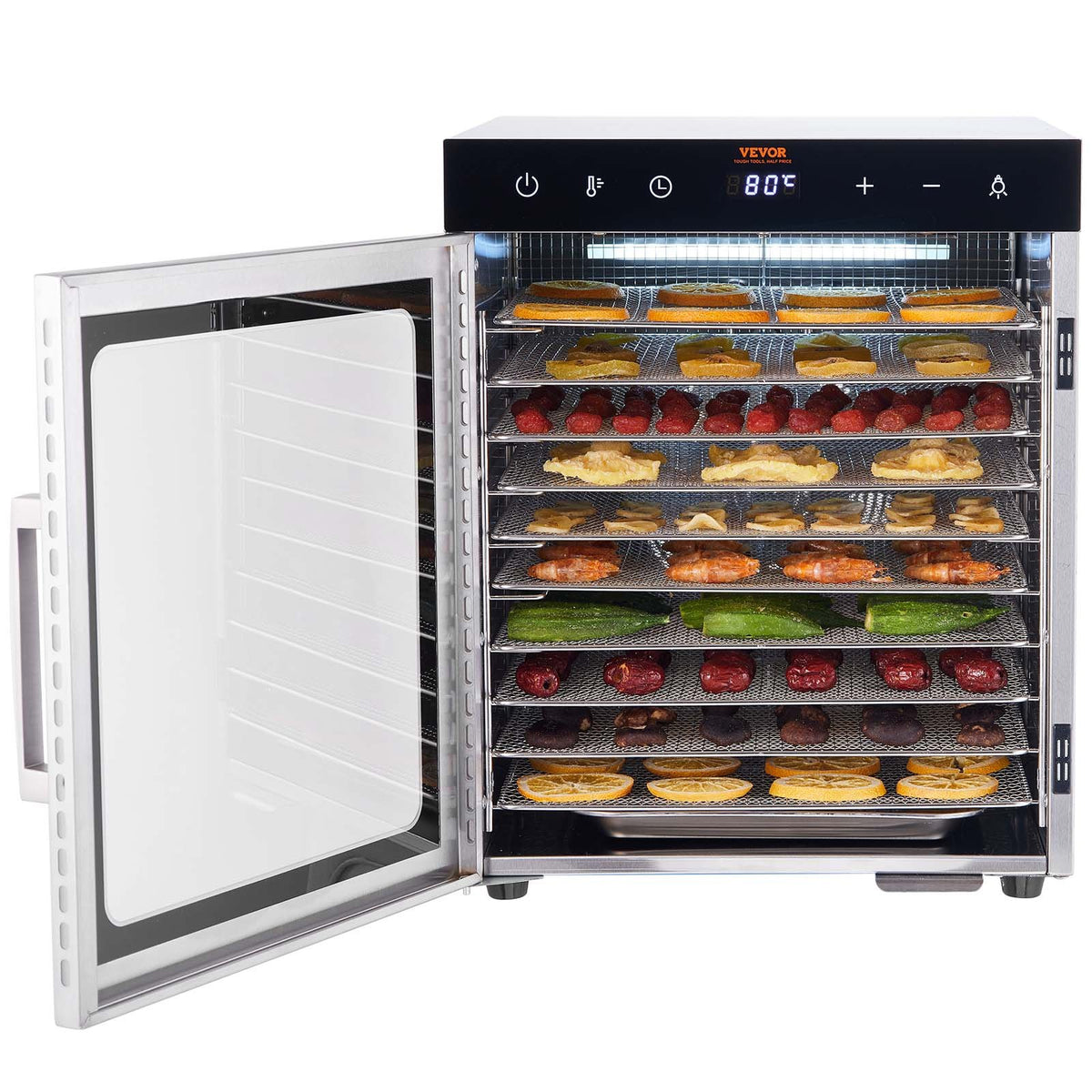 Food Dehydrator Machine 800W, 10 Stainless Steel Trays, Digital Timer & Temp
