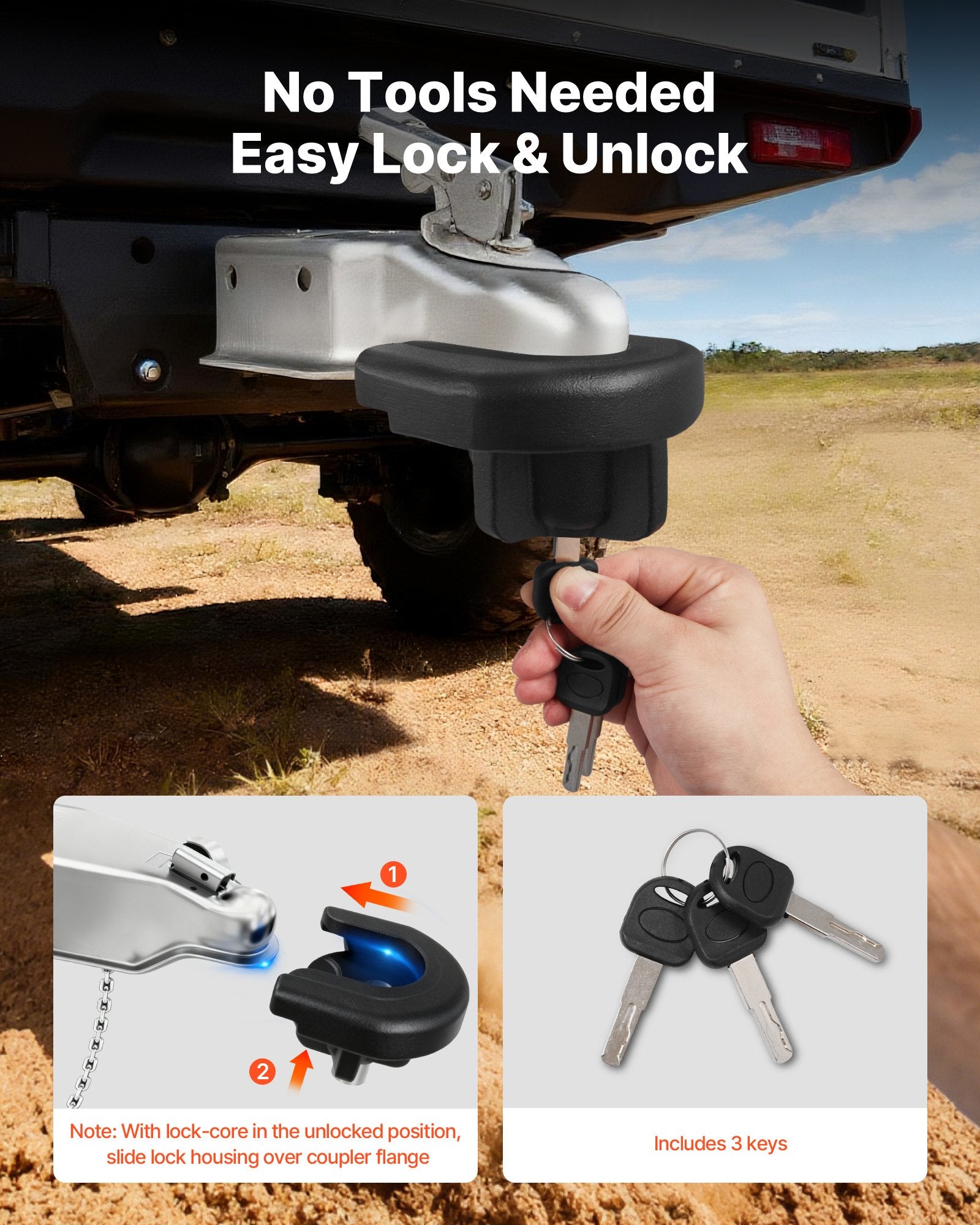 Trailer Hitch Lock 50.8mm Heavy Duty Anti-Theft Coupler Ball Lock with 3 Keys