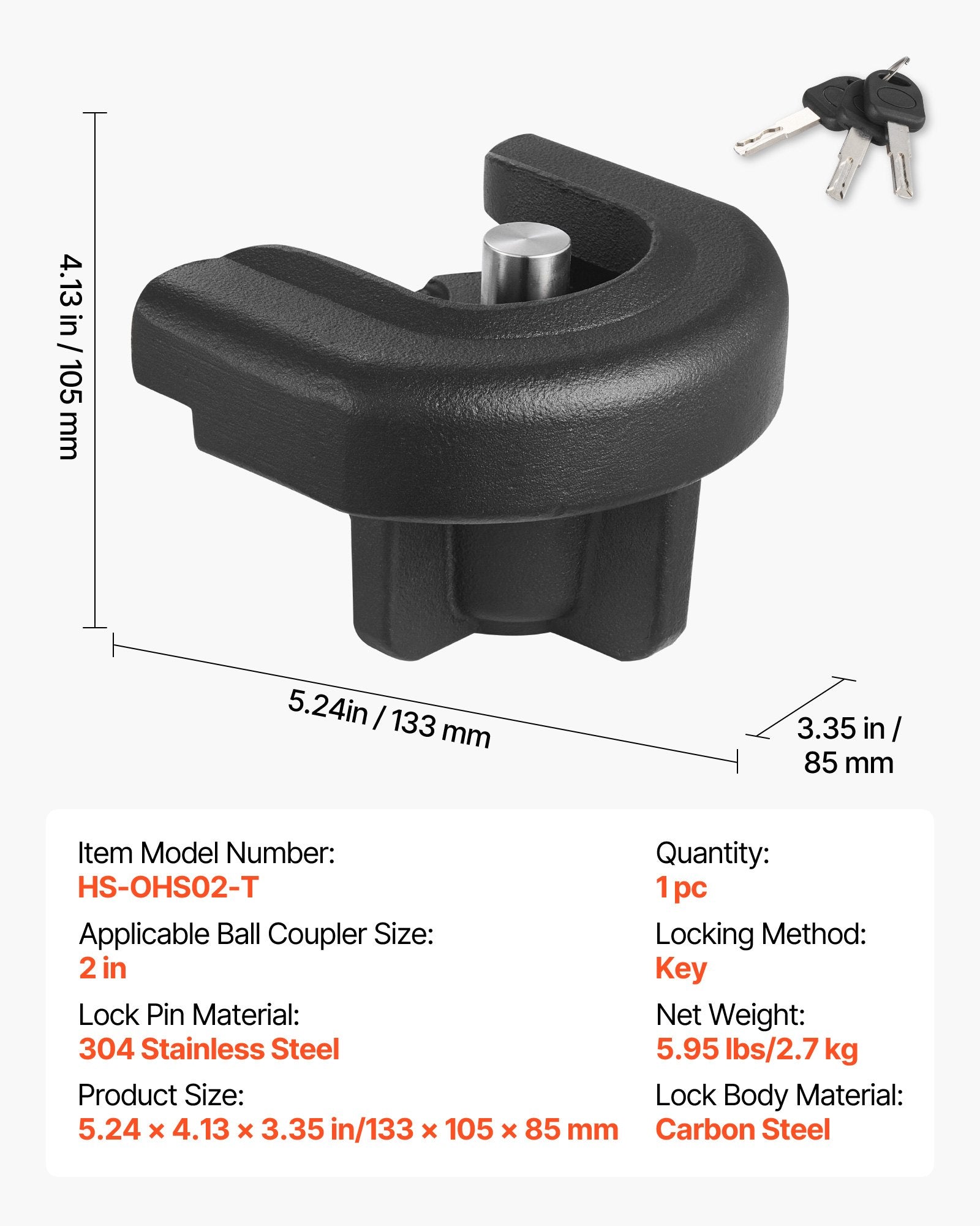 Trailer Hitch Lock 50.8mm Heavy Duty Anti-Theft Coupler Ball Lock with 3 Keys