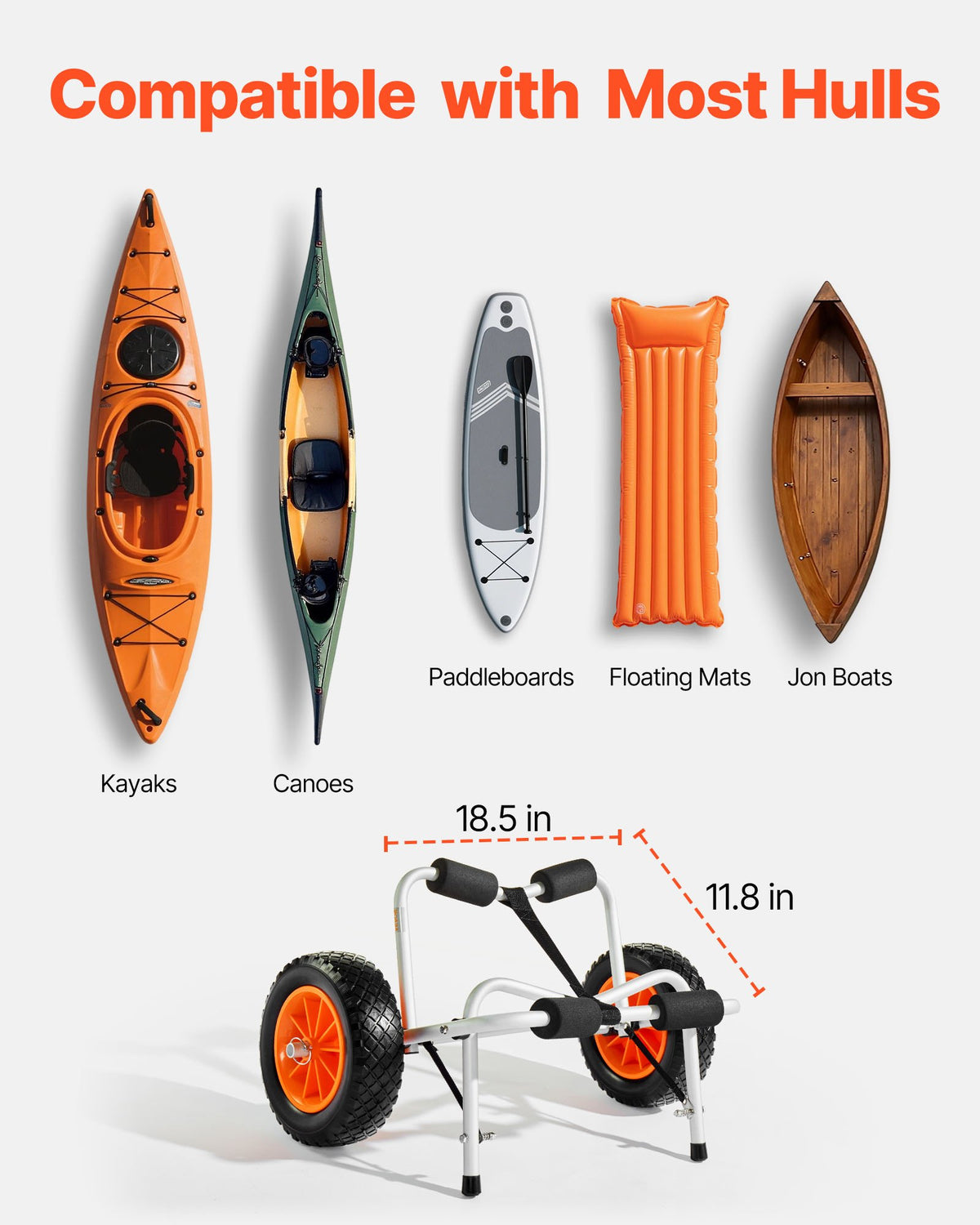 Kayak Cart 113.4kg Foldable Trolley 25.4cm Rubber Tires Ratchet Strap Kayaks