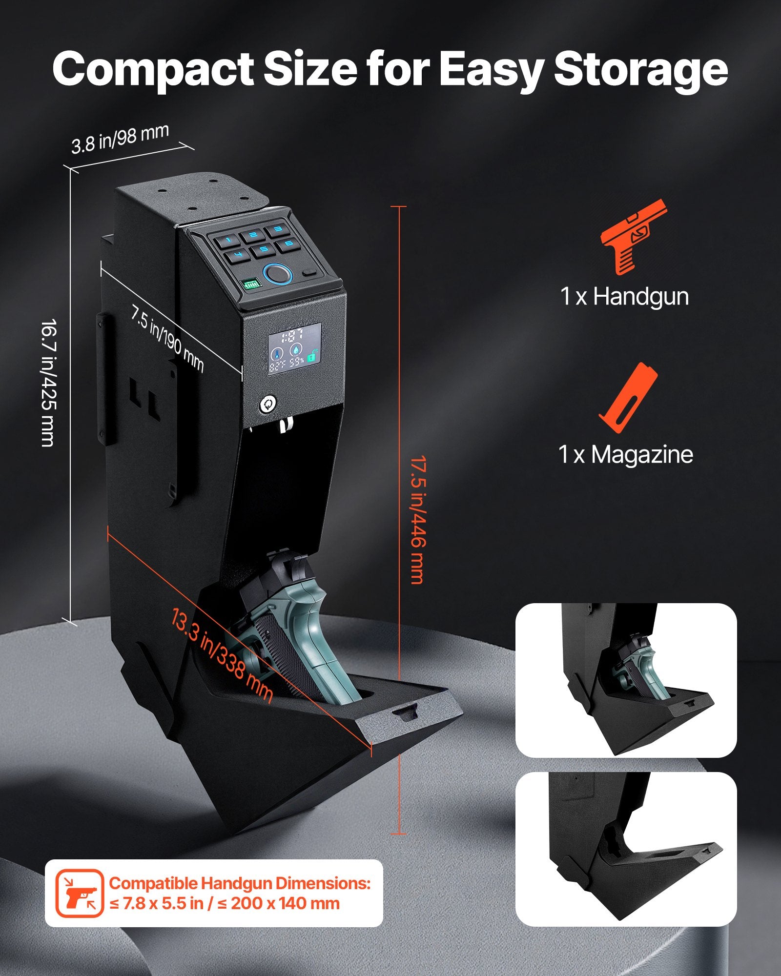 Gun Safe, Slider Handgun Safe with Fingerprint, Password & Key, LED for 1 Pistol