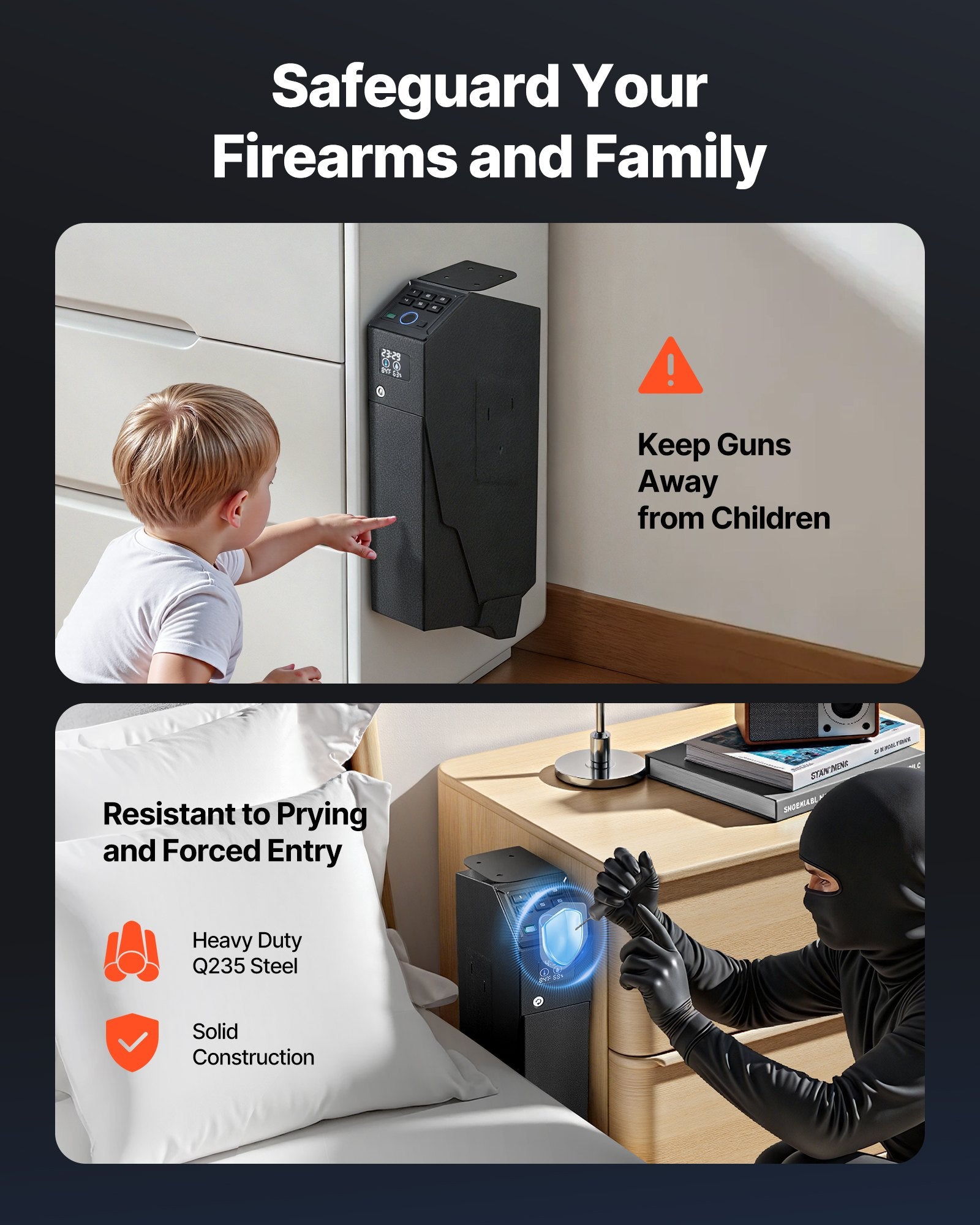 Gun Safe, Slider Handgun Safe with Fingerprint, Password & Key, LED for 1 Pistol