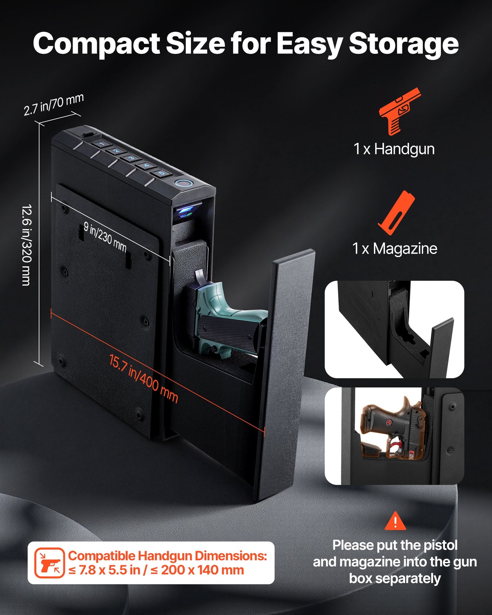 Gun Safe, Slider Handgun Safe with Fingerprint, Password & Key, LED for 1 Pistol