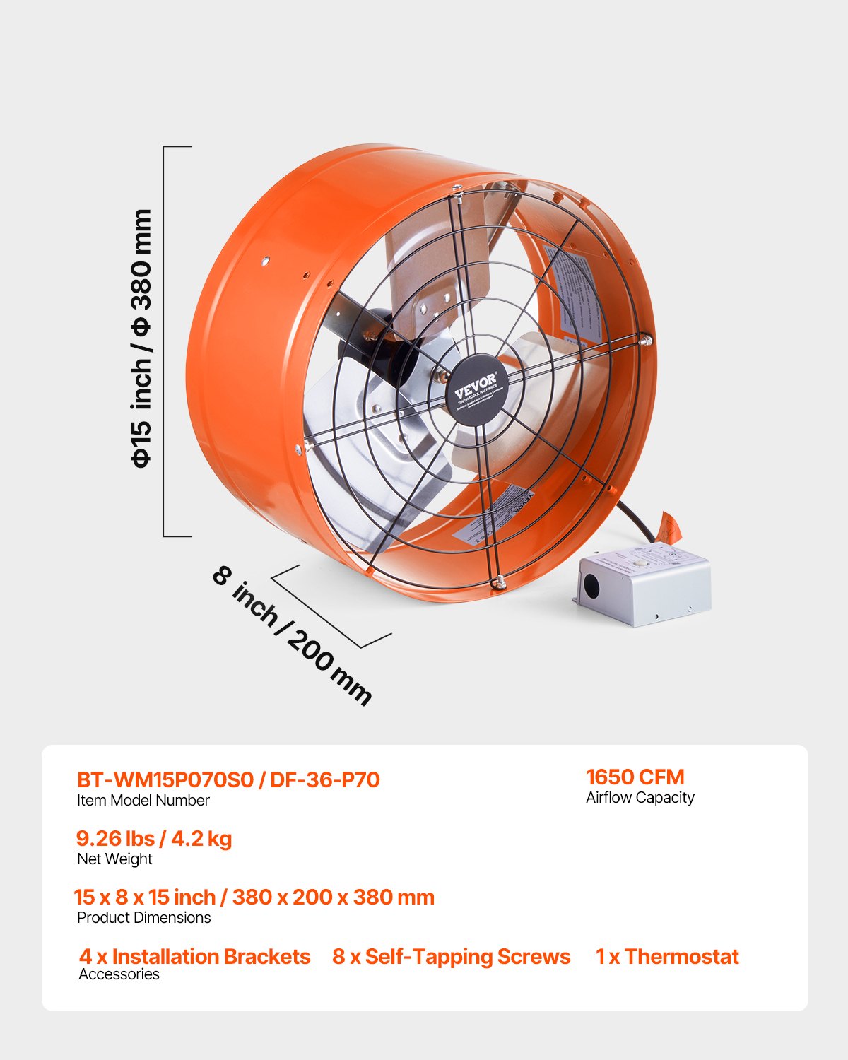 Gable Mount Fan 380mm Attic Exhaust with Adjustable Thermostat 1650 CFM Vibrant