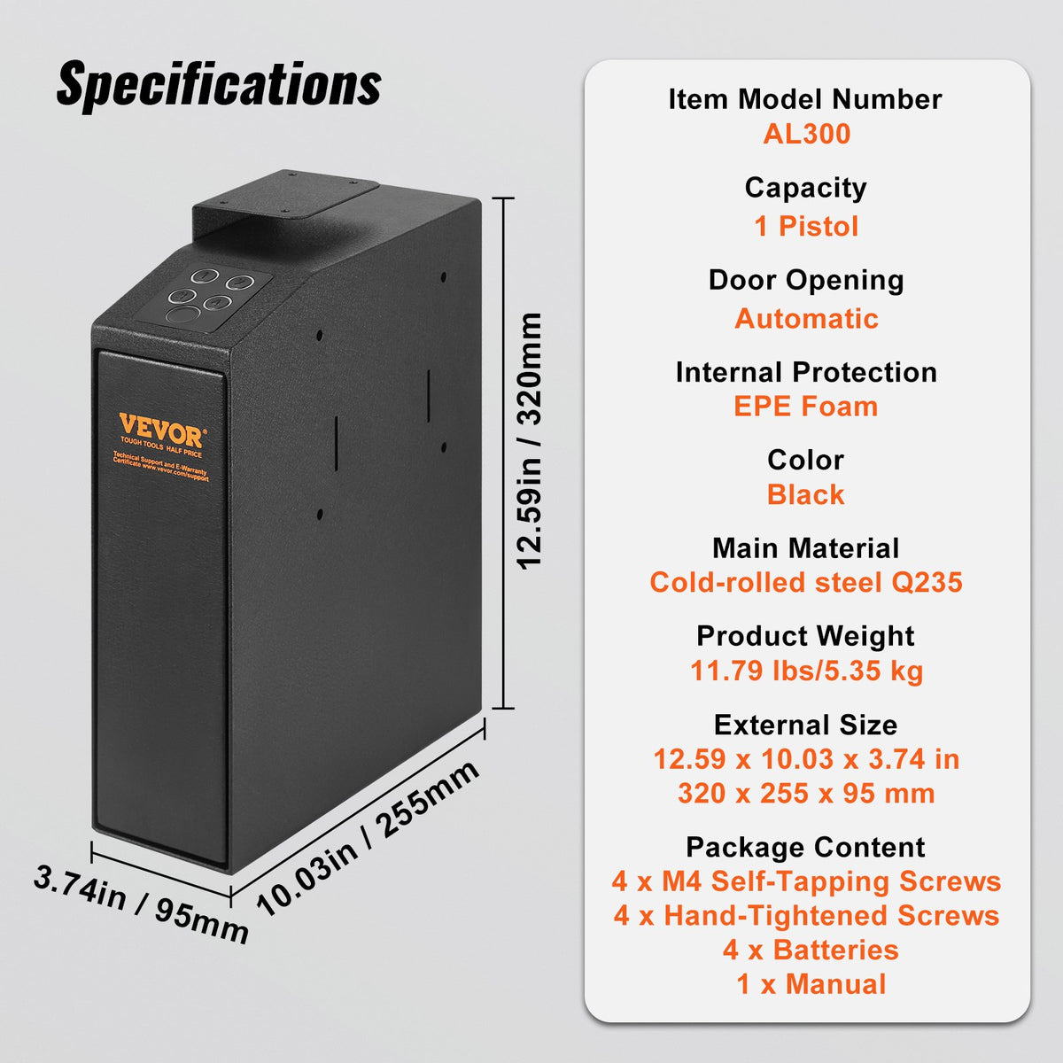 Biometric Mounted Gun Safe for 1 Pistol, Fingerprint, Password & Key Access