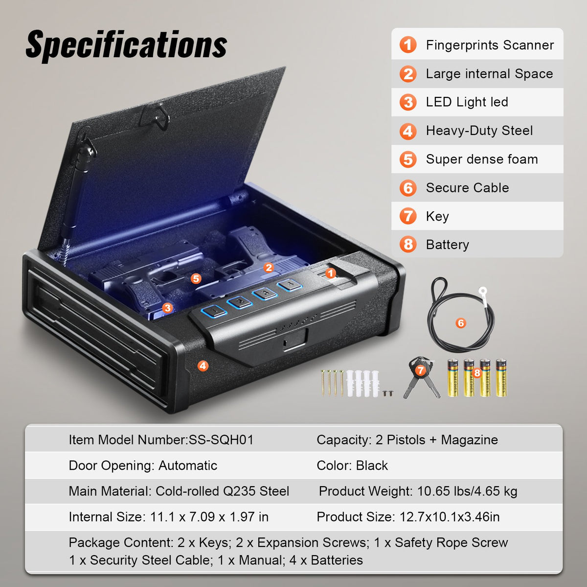 Gun Safe for Pistols Biometric Handgun Safe Fingerprint Password Key Access