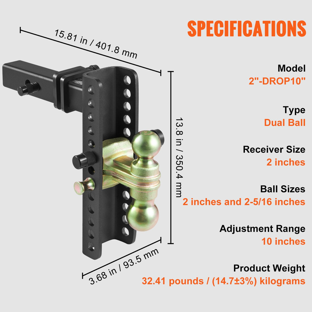 Trailer Hitch Adjustable 25.4cm Drop 21.59cm Rise 5.08cm Receiver Tow Balls