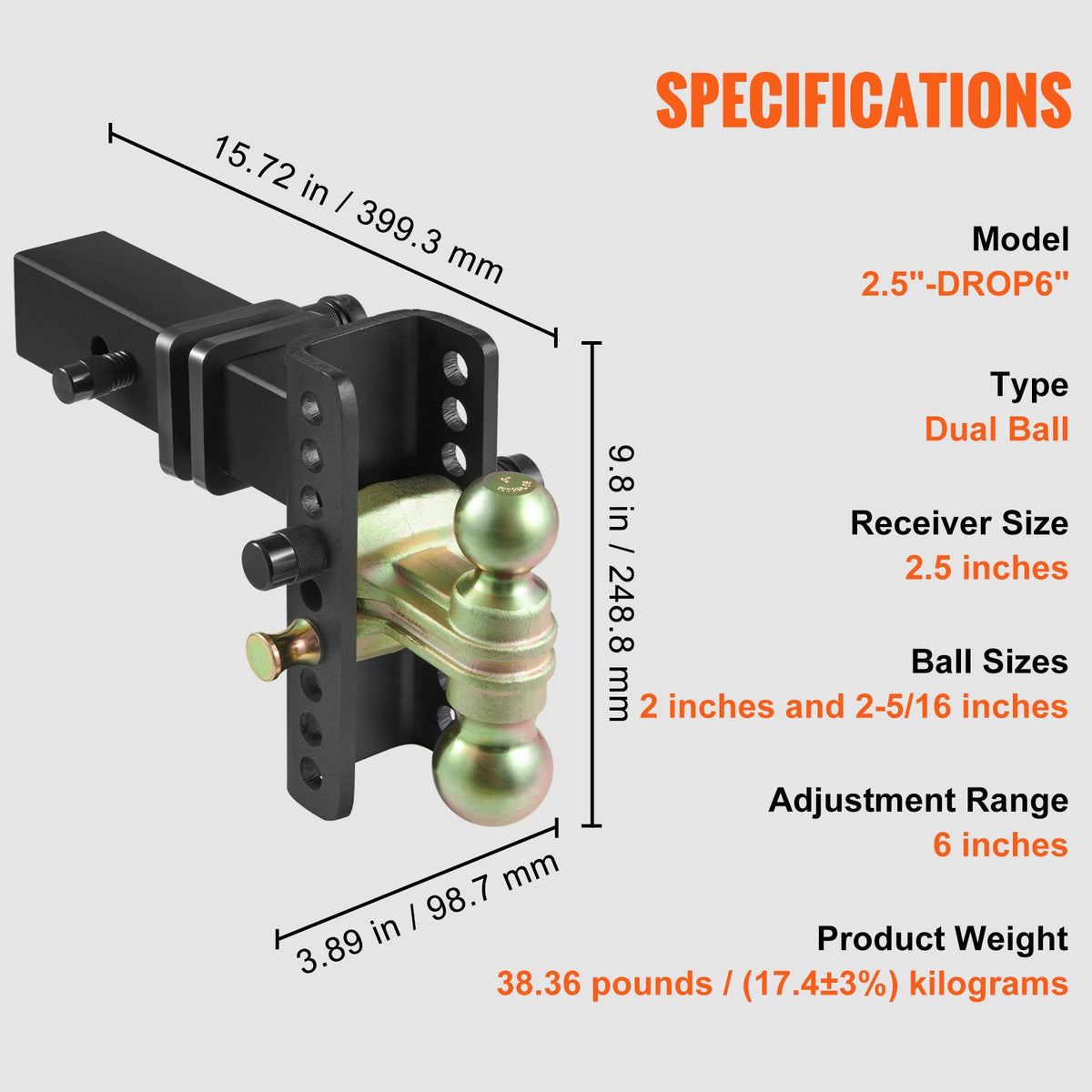 Adjustable Trailer Hitch 15cm Drop 11.43cm Rise with 6.35cm Receiver & Tow Balls