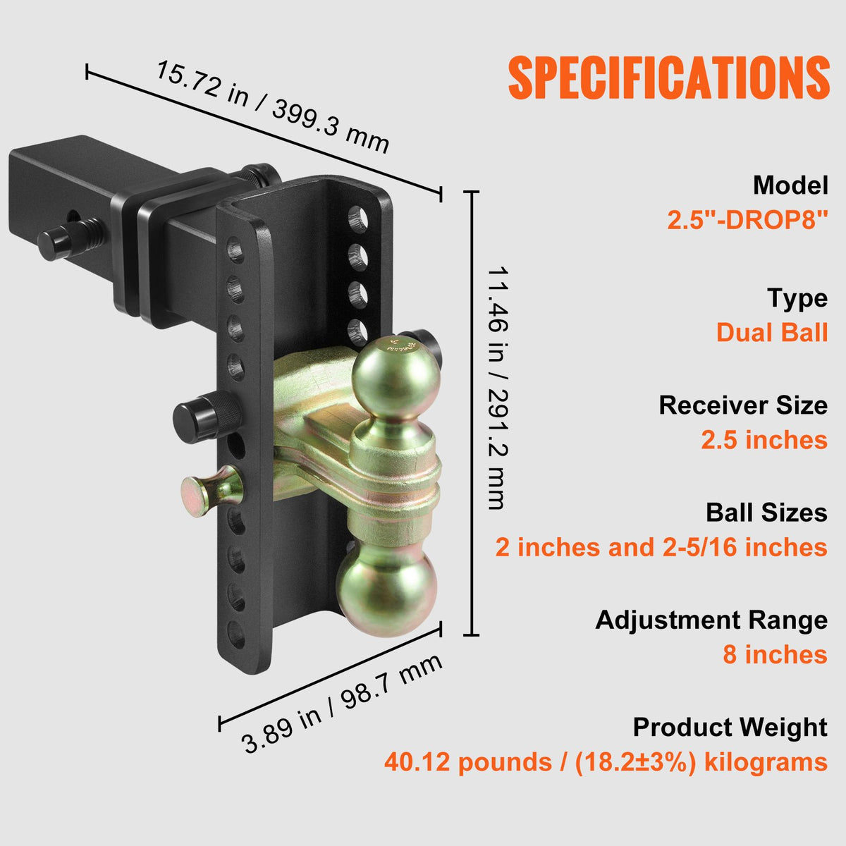 Trailer Hitch Adjustable 203.2mm Drop 165.1mm Rise 63.5mm Receiver Tow Balls