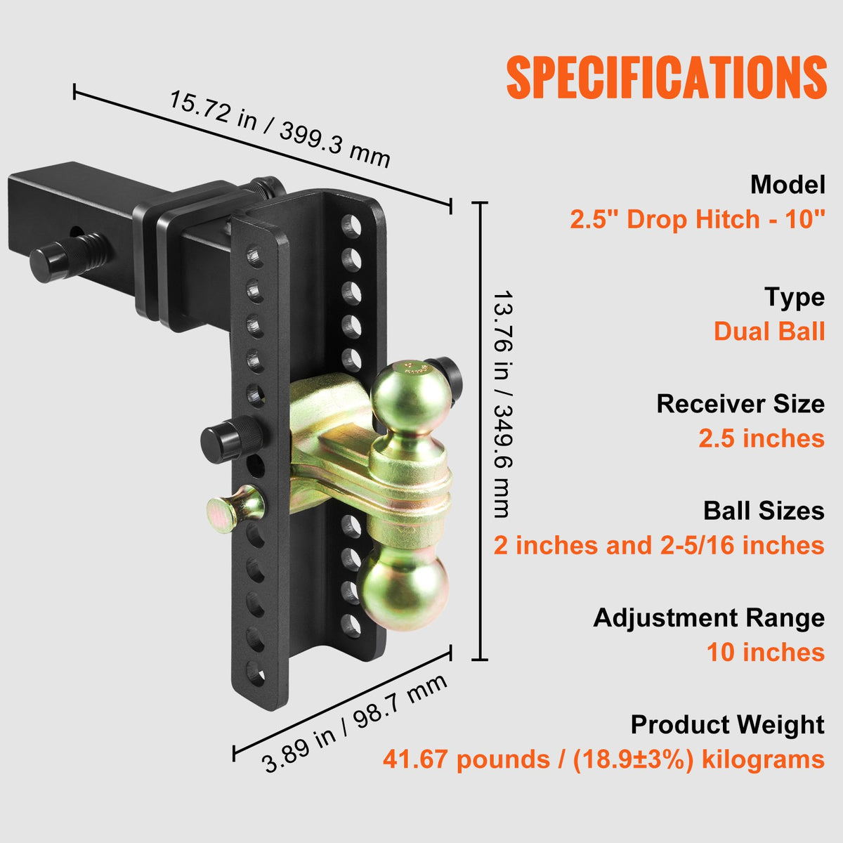 Adjustable Trailer Hitch 25cm Drop 21.59cm Rise with 6.35cm Receiver & Tow Balls