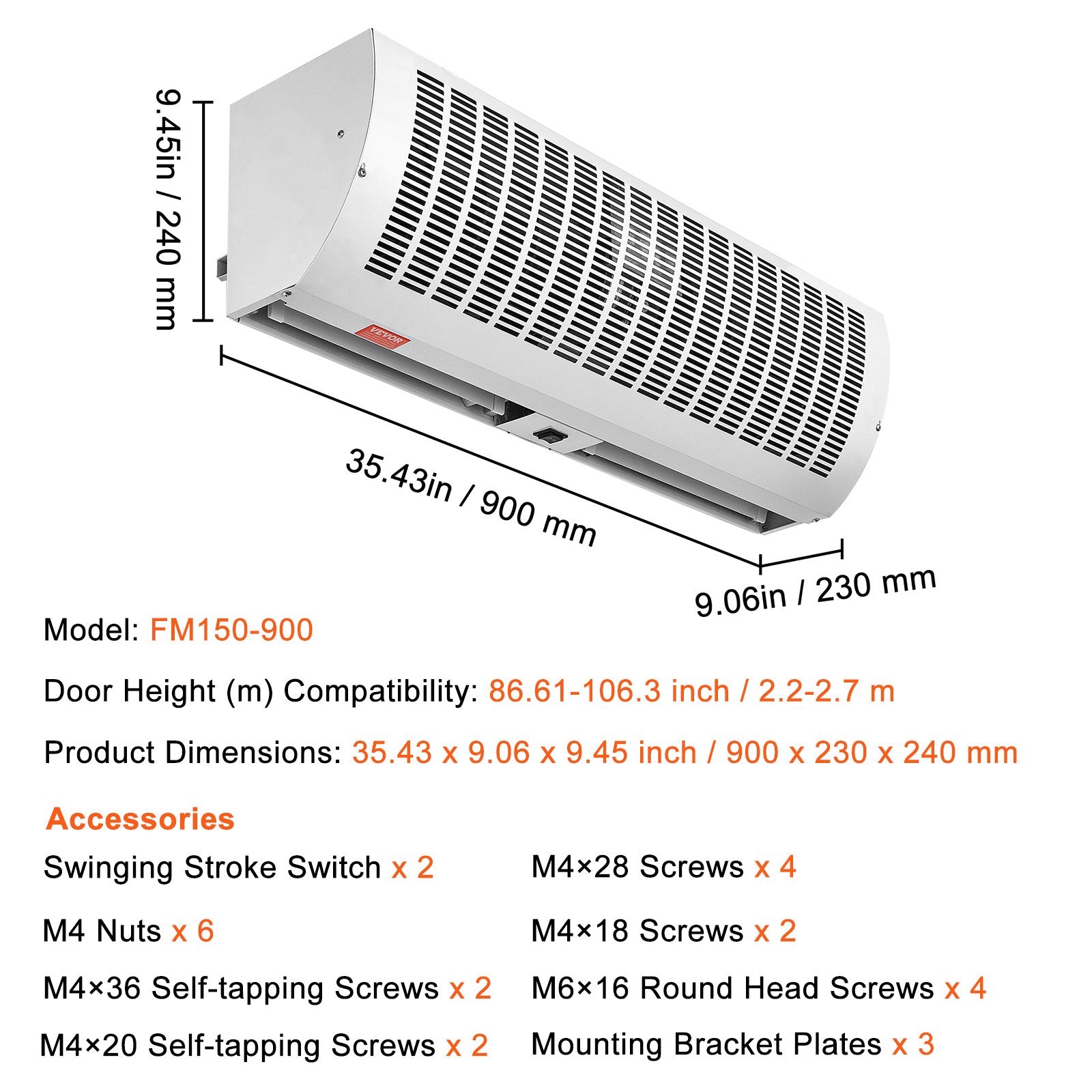 0.9m Commercial Indoor Air Curtain, 2 Speeds 2038m³/h, UL Certified, Wall Mount
