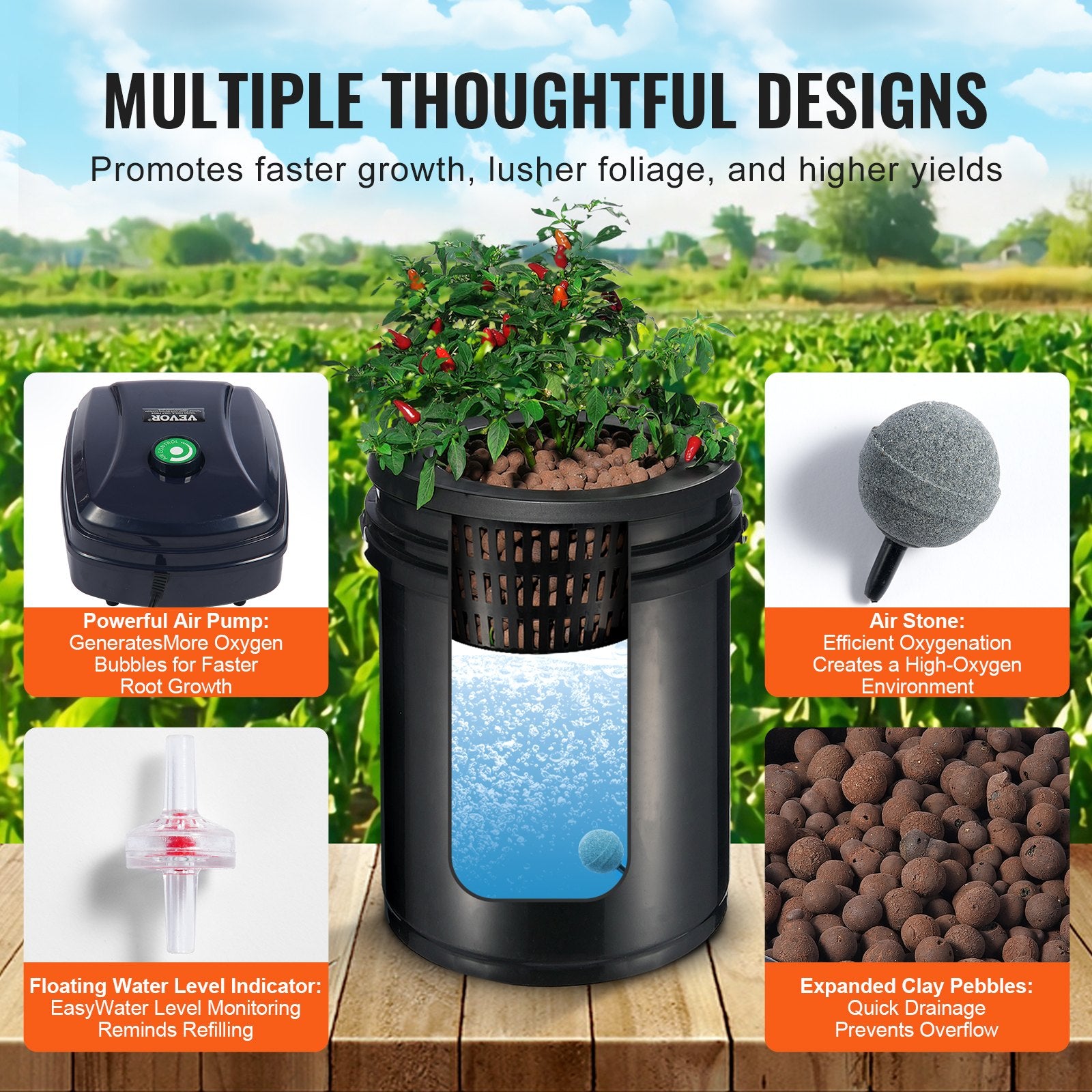 RDWC Hydroponics Grow System 4 Buckets Top Drip Deep Water Culture Kit