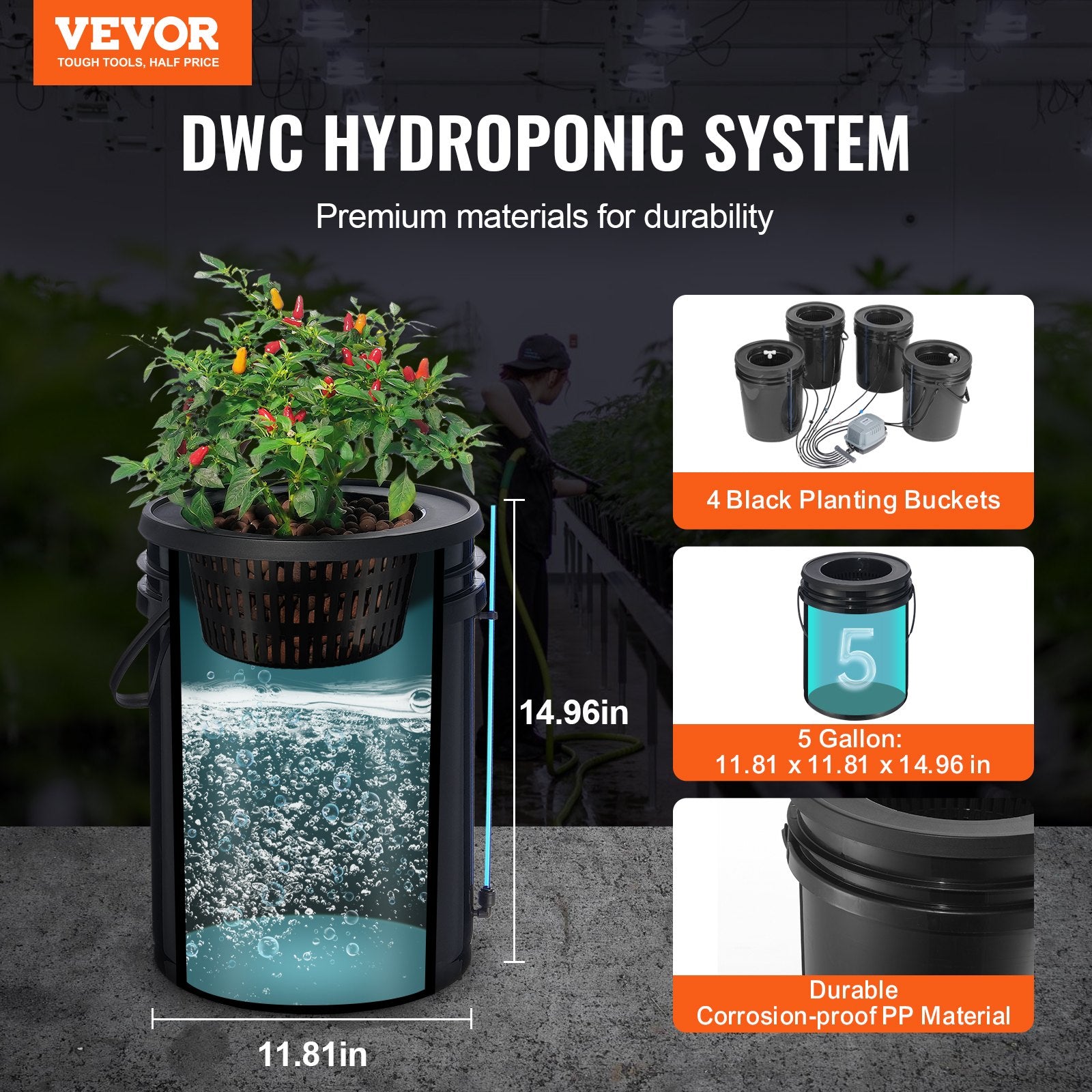 DWC Hydroponics Grow System 5-Gallon 4 Buckets Deep Water Culture Kit