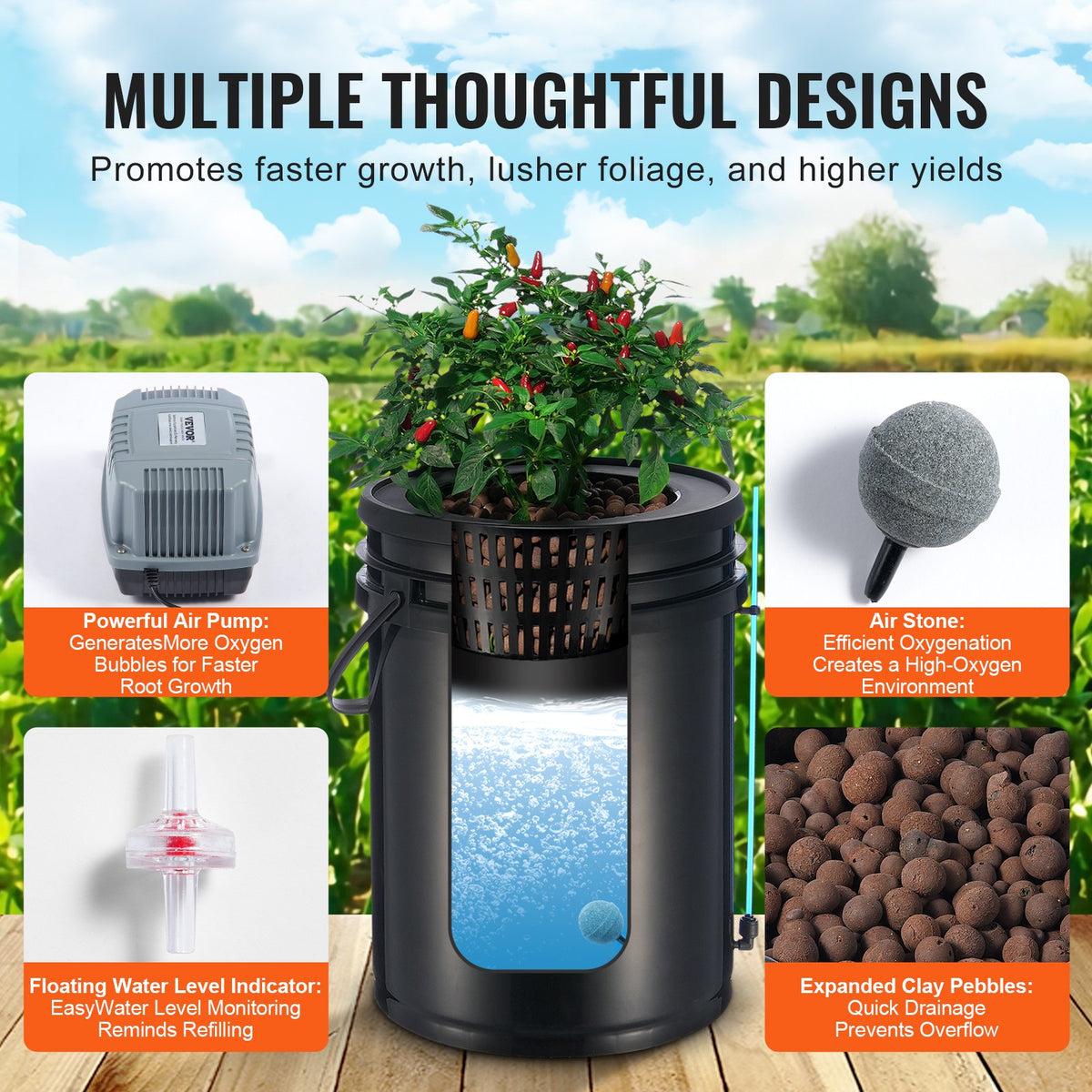 DWC Hydroponics Grow System 5-Gallon 4 Buckets Deep Water Culture Kit