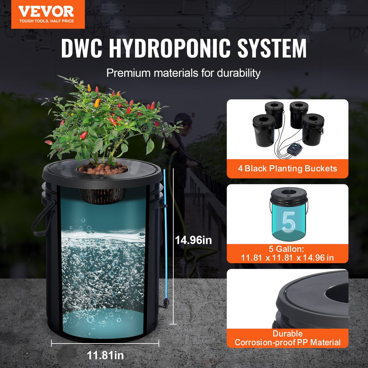DWC Hydroponics Grow System 5-Gallon 4 Buckets Deep Water Culture with Air Pump