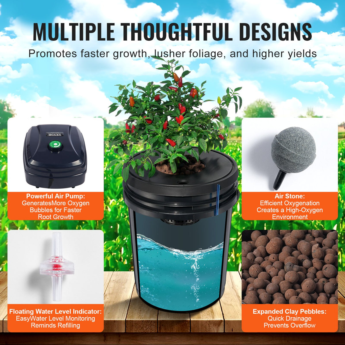 DWC Hydroponics Grow System 5-Gallon 4 Buckets Deep Water Culture with Air Pump